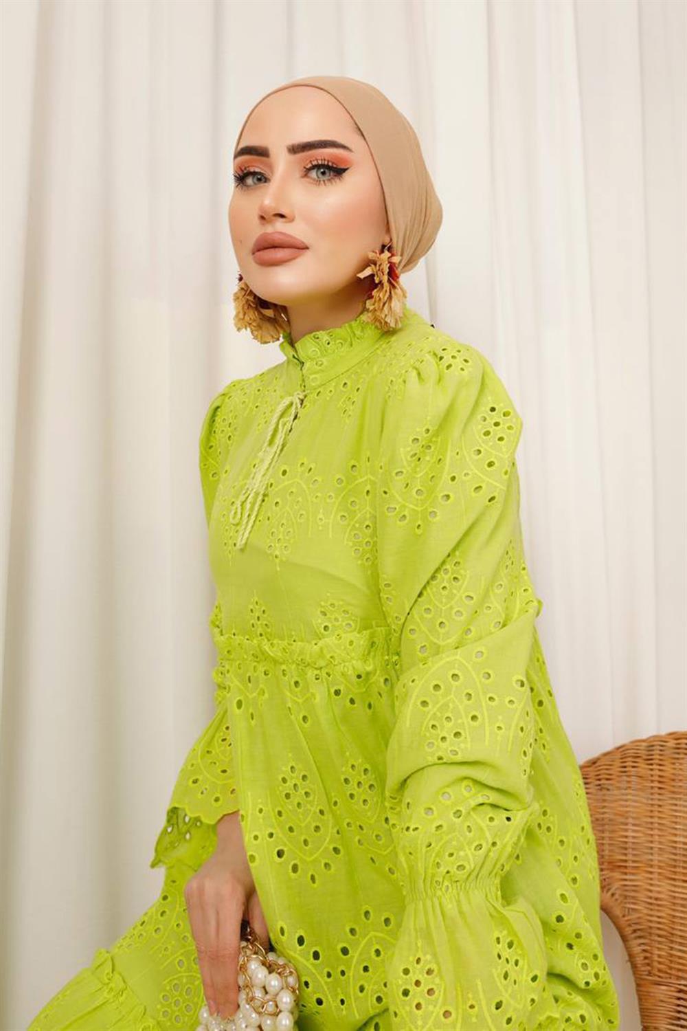 Brode Fisto Bağcıklı Elbise Lale Butik 1314 Fıstık Yeşili