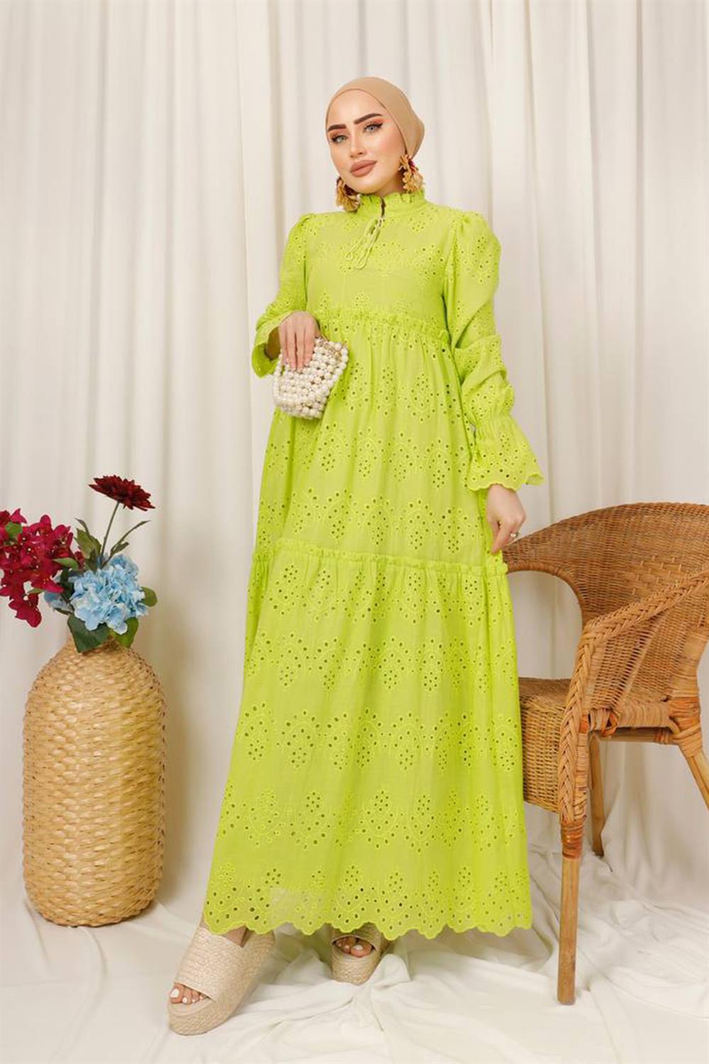 Brode Fisto Bağcıklı Elbise Lale Butik 1314 Fıstık Yeşili
