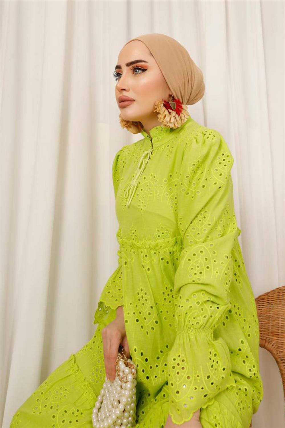 Brode Fisto Bağcıklı Elbise Lale Butik 1314 Fıstık Yeşili