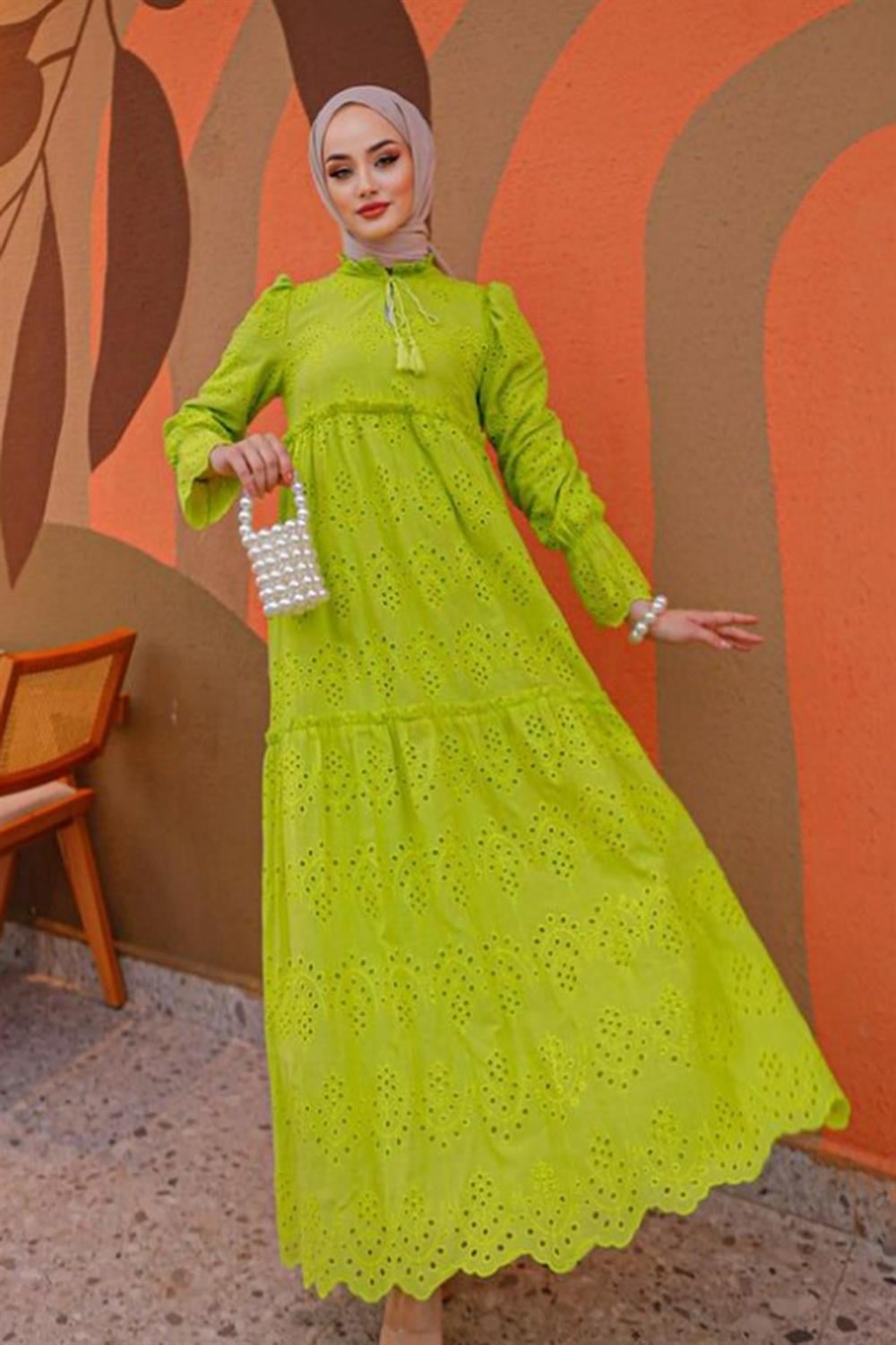 Brode Fisto Bağcıklı Elbise Lale Butik 1314 Fıstık Yeşili