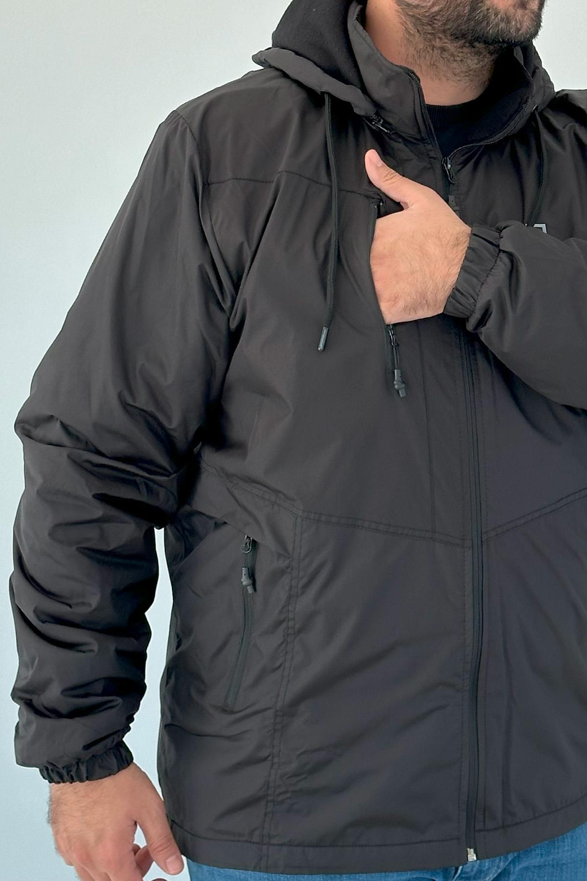 Büyük Beden Erkek Kapüşonlu Rüzgar Geçirmez Cepli İçi Polar Kışlık Mont Siyah Remsa Spor TH873