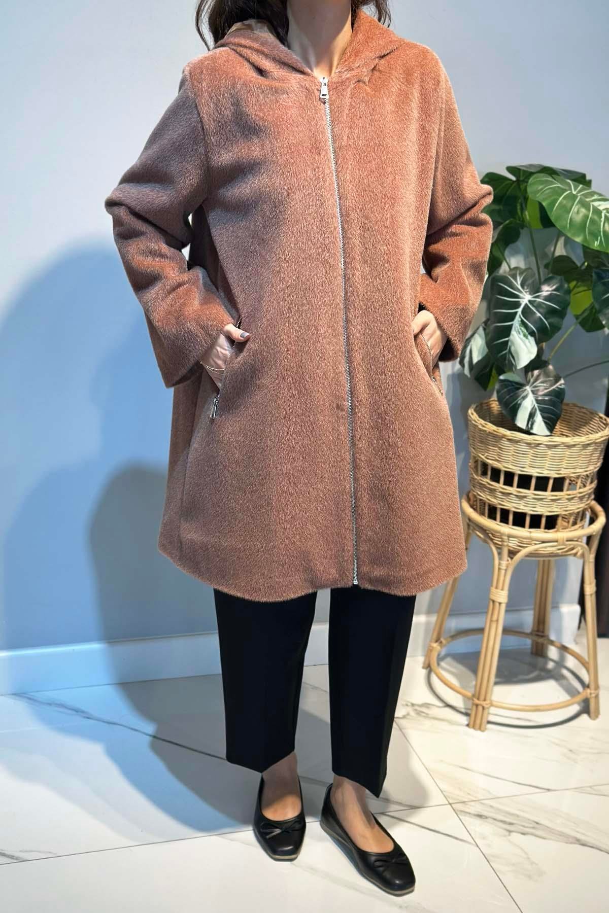 Büyük Beden Fermuar Detay Kap Ceket 2590 Camel