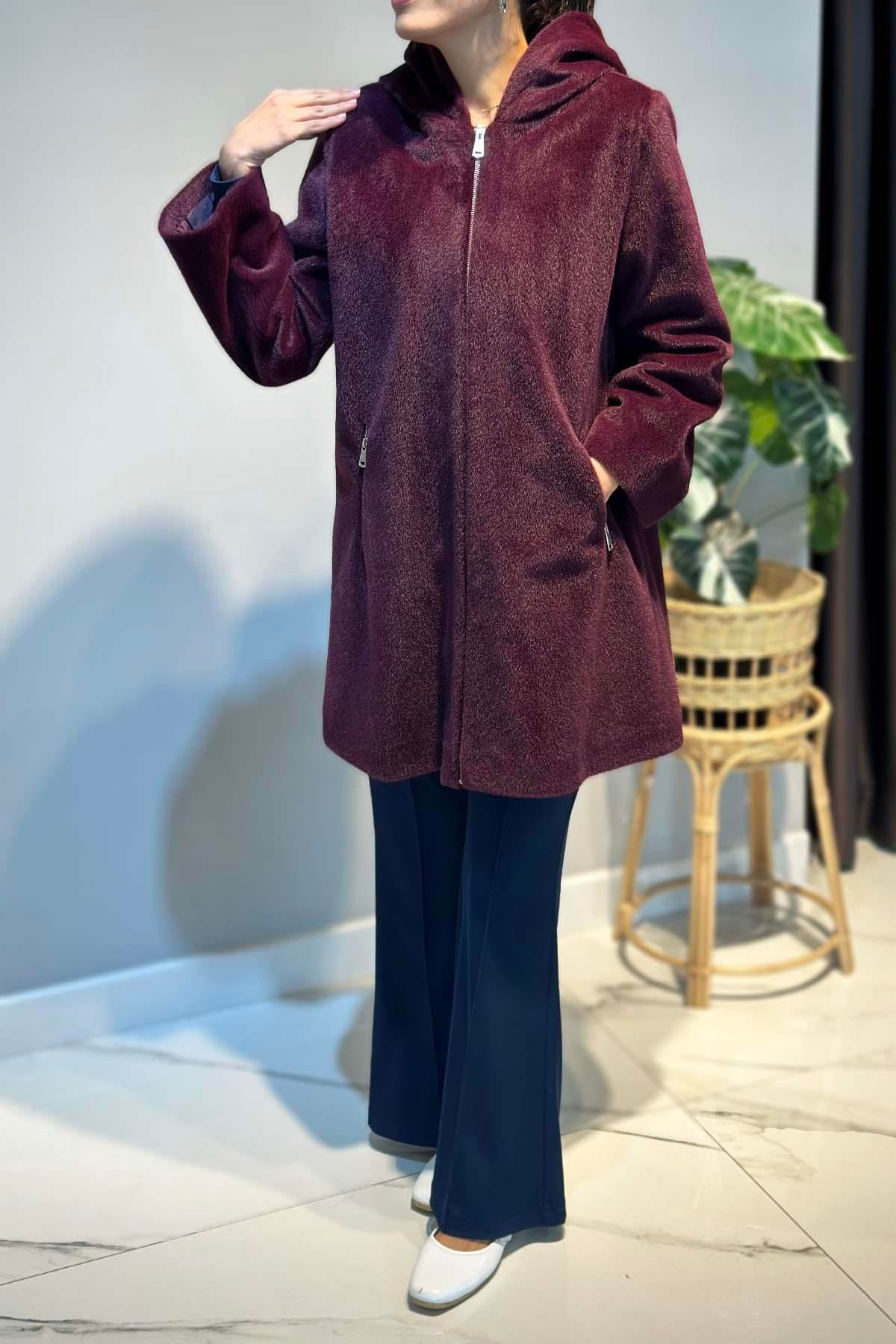 Büyük Beden Fermuar Detay Kap Ceket 2590 Mürdüm