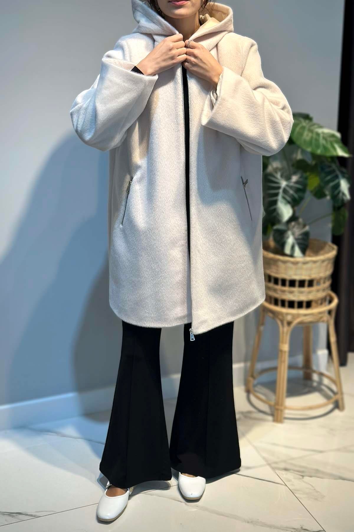 Büyük Beden Fermuar Detay Kap Ceket 2590 Ekru