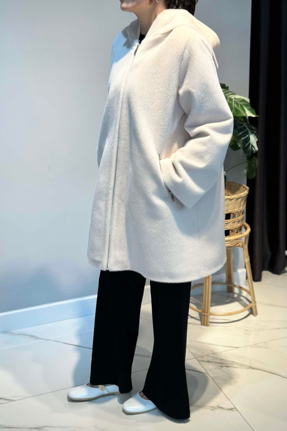 Büyük Beden Fermuar Detay Kap Ceket 2590 Ekru