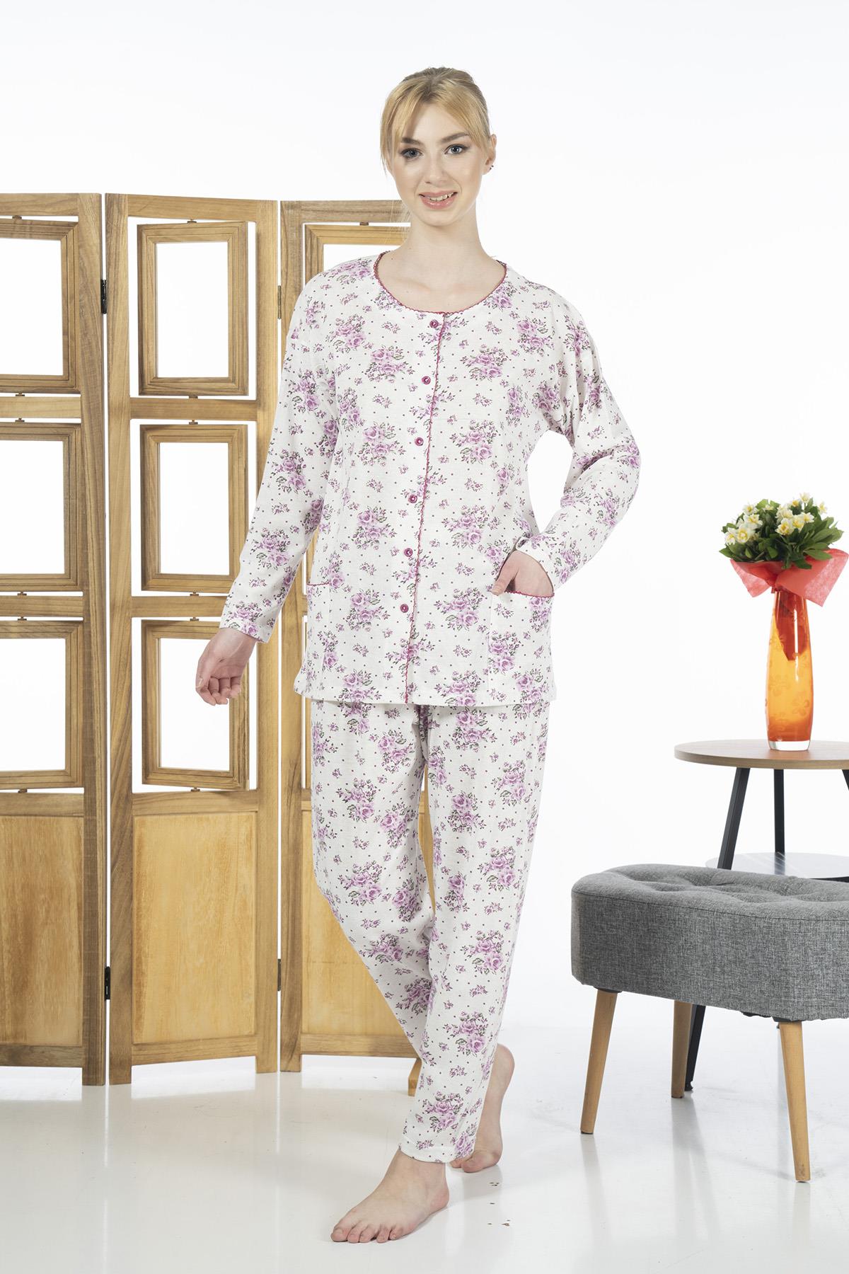 Büyük Beden Kadın Süprem Önü Düğmeli Pijama Takımı 23340 Pembe