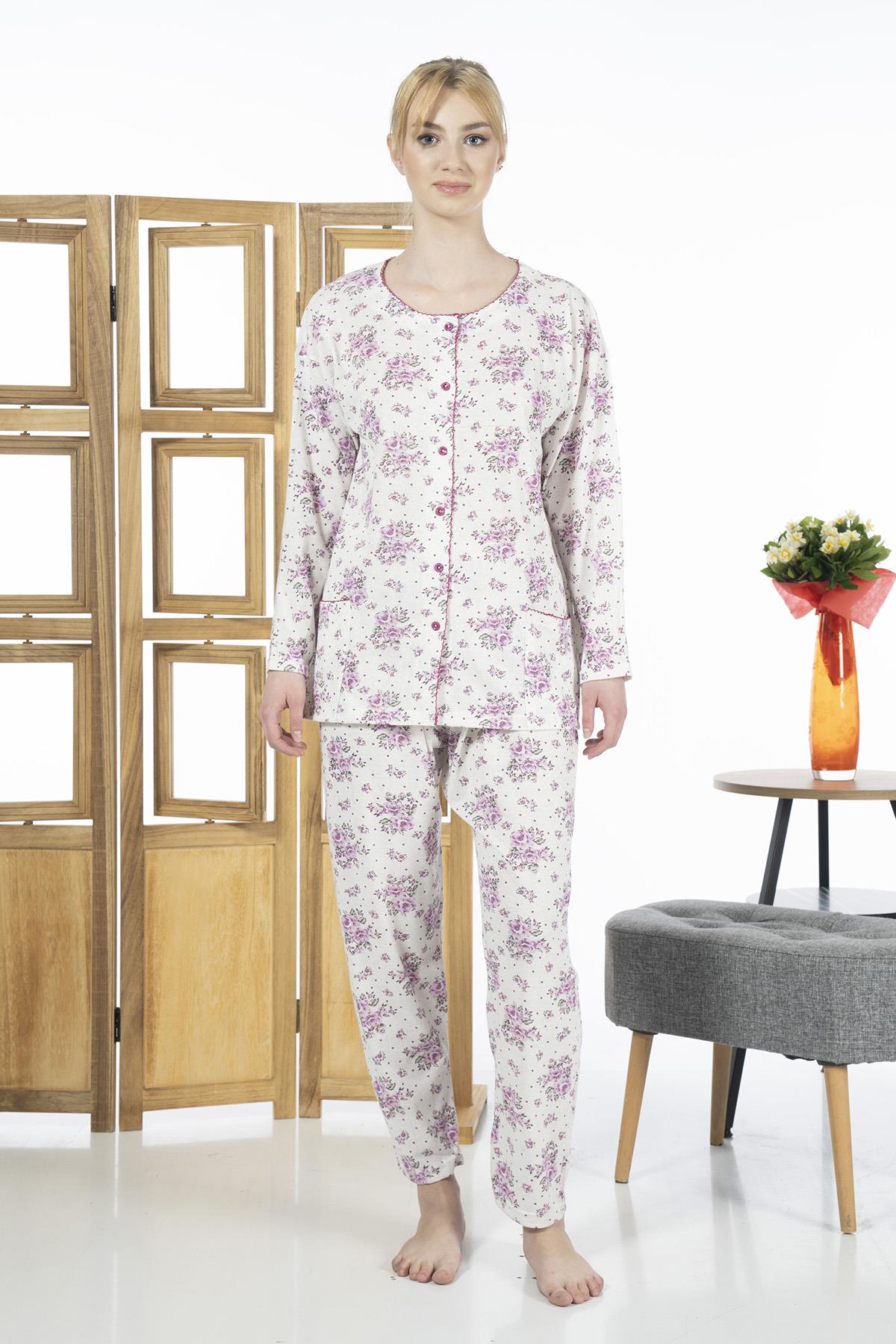 Büyük Beden Kadın Süprem Önü Düğmeli Pijama Takımı 23340 Pembe