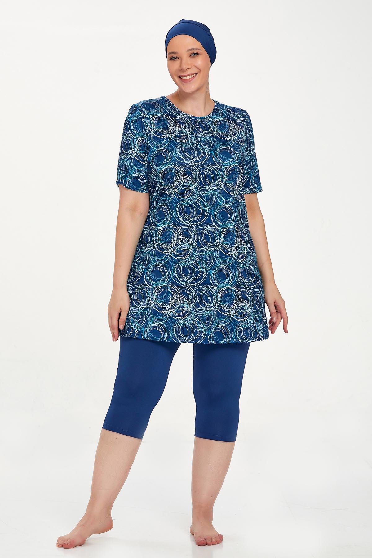 Büyük Beden Kısa Kollu Taytlı Yarı Kapalı Mayo Nelına 8320 Açık Lacivert