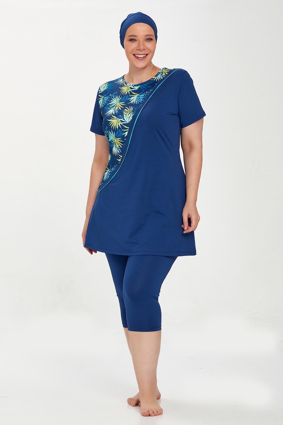 Büyük Beden Kısa Kollu Taytlı Yarı Kapalı Mayo Nala Battal 8321 Açık Lacivert