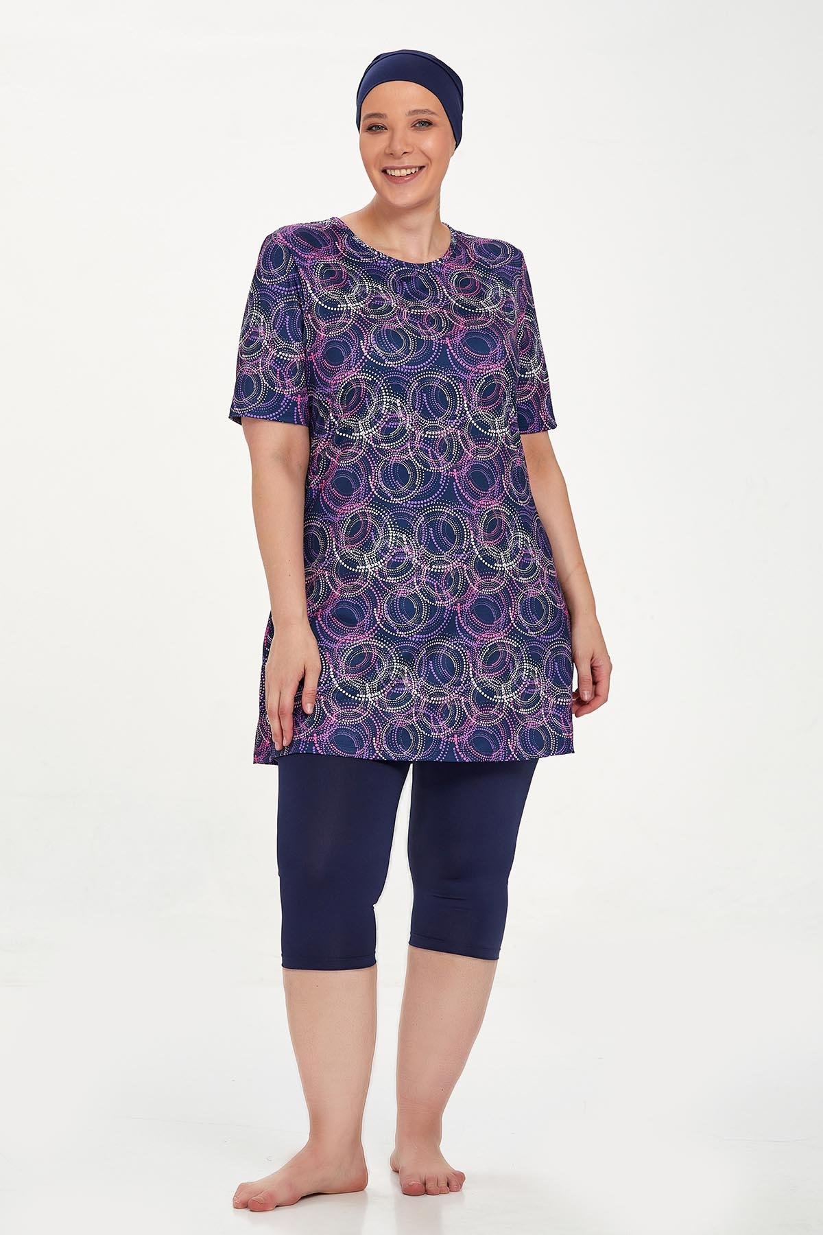 Büyük Beden Kısa Kollu Taytlı Yarı Kapalı Mayo Nelına 8320 Koyu Lacivert