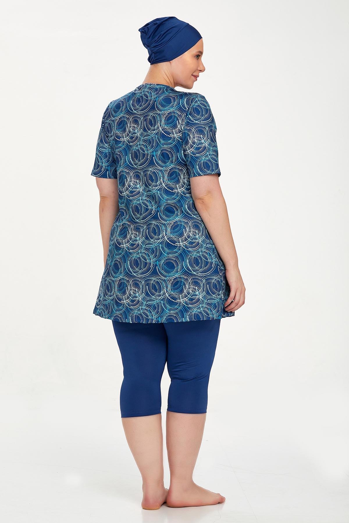 Büyük Beden Kısa Kollu Taytlı Yarı Kapalı Mayo Nelına 8320 Açık Lacivert