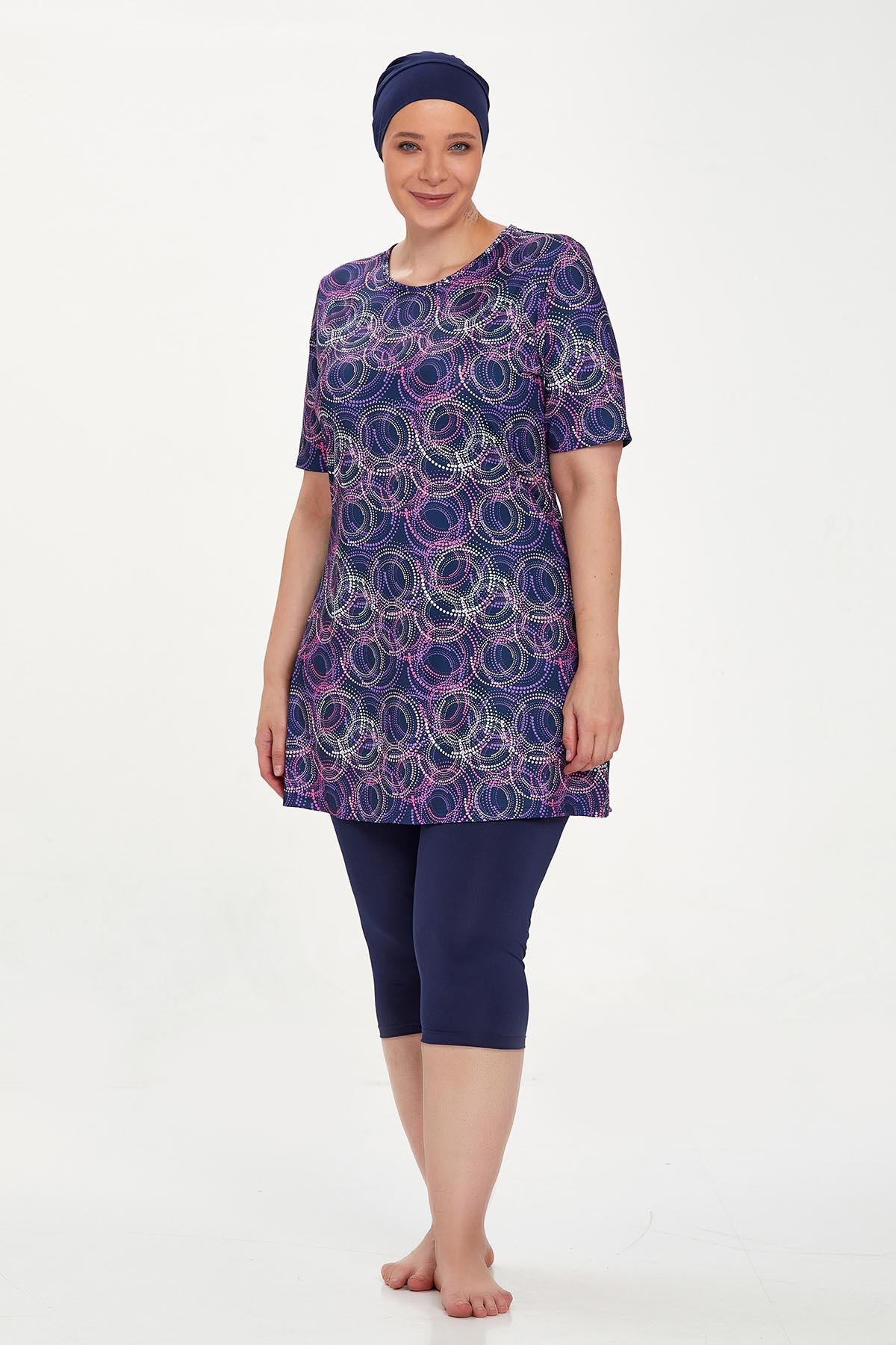 Büyük Beden Kısa Kollu Taytlı Yarı Kapalı Mayo Nelına 8320 Koyu Lacivert