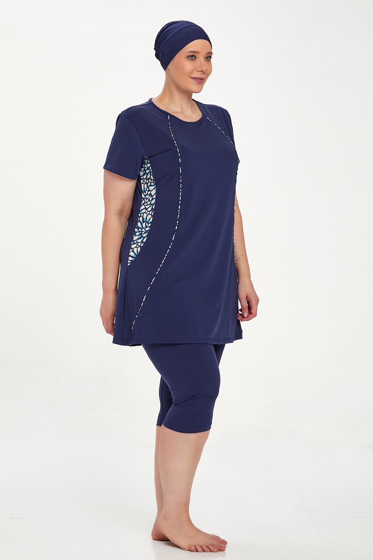 Büyük Beden Kısa Kollu Taytlı Yarı Kapalı Mayo Helga 3934 Koyu Lacivert