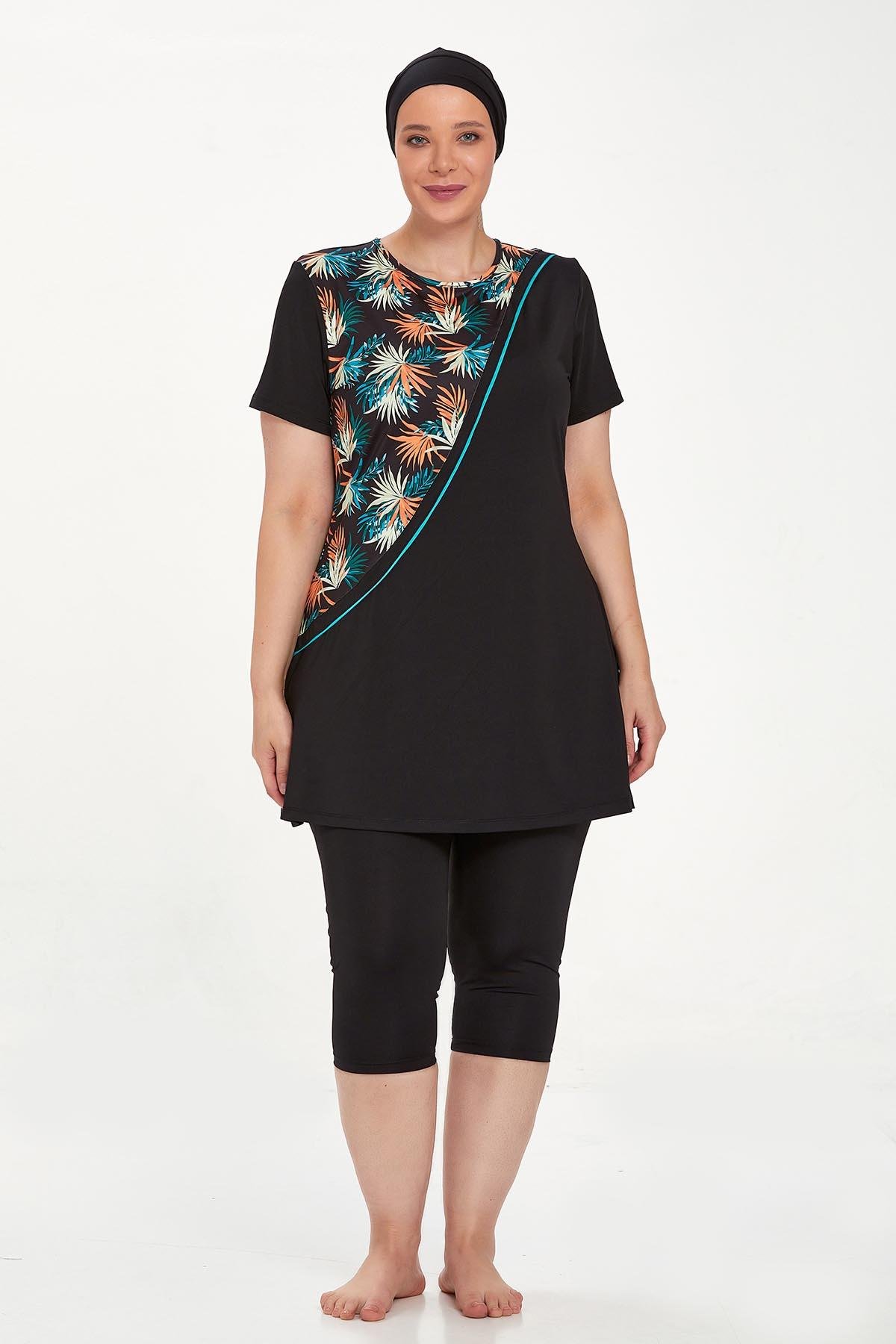 Büyük Beden Kısa Kollu Taytlı Yarı Kapalı Mayo Nala Battal 8321 Siyah