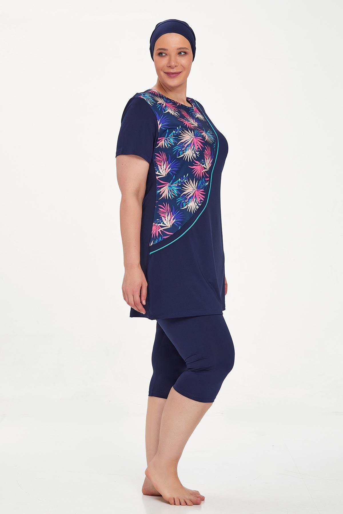 Büyük Beden Kısa Kollu Taytlı Yarı Kapalı Mayo Nala Battal 8321 Koyu Lacivert