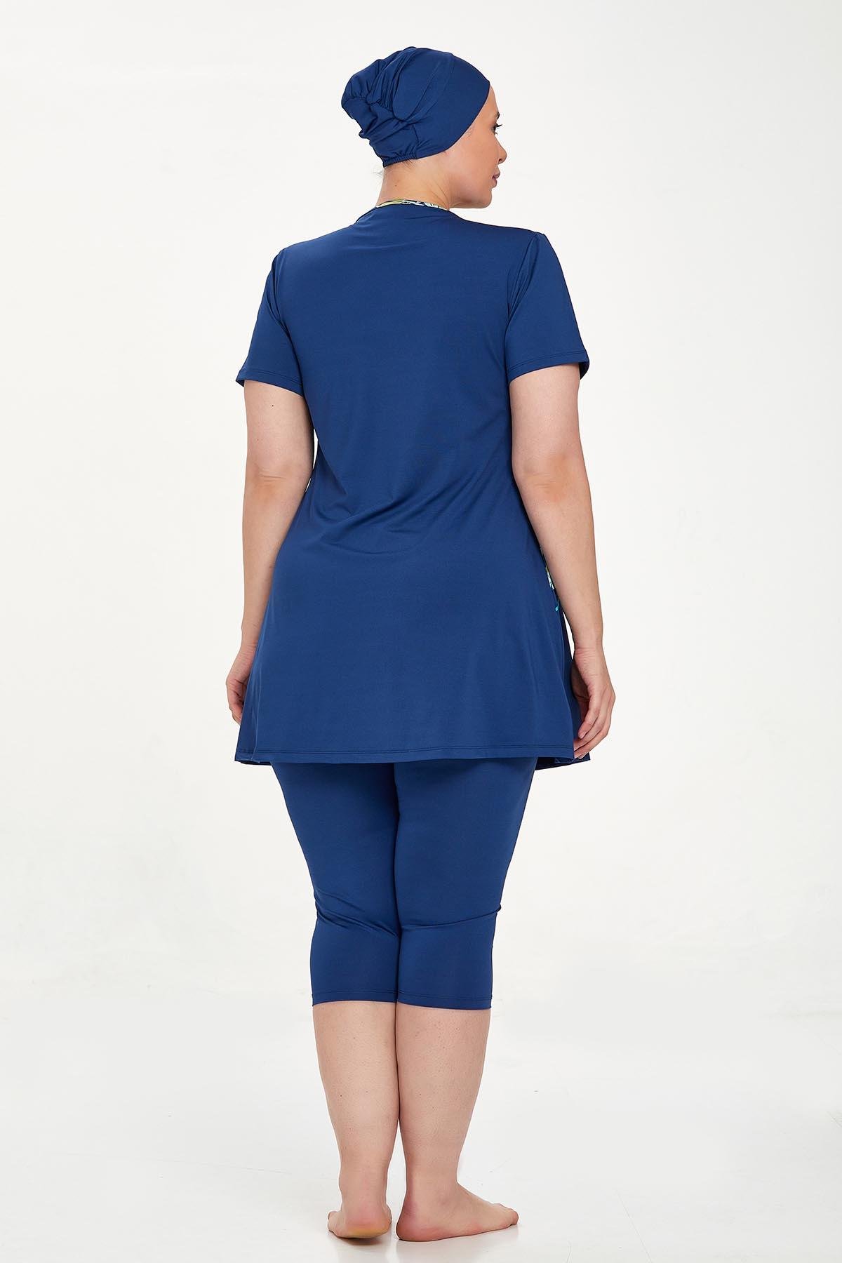 Büyük Beden Kısa Kollu Taytlı Yarı Kapalı Mayo Nala Battal 8321 Açık Lacivert