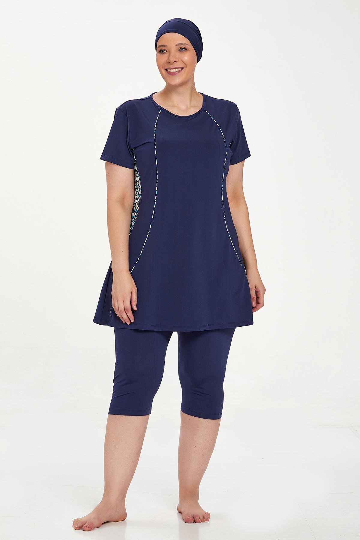 Büyük Beden Kısa Kollu Taytlı Yarı Kapalı Mayo Helga 3934 Koyu Lacivert