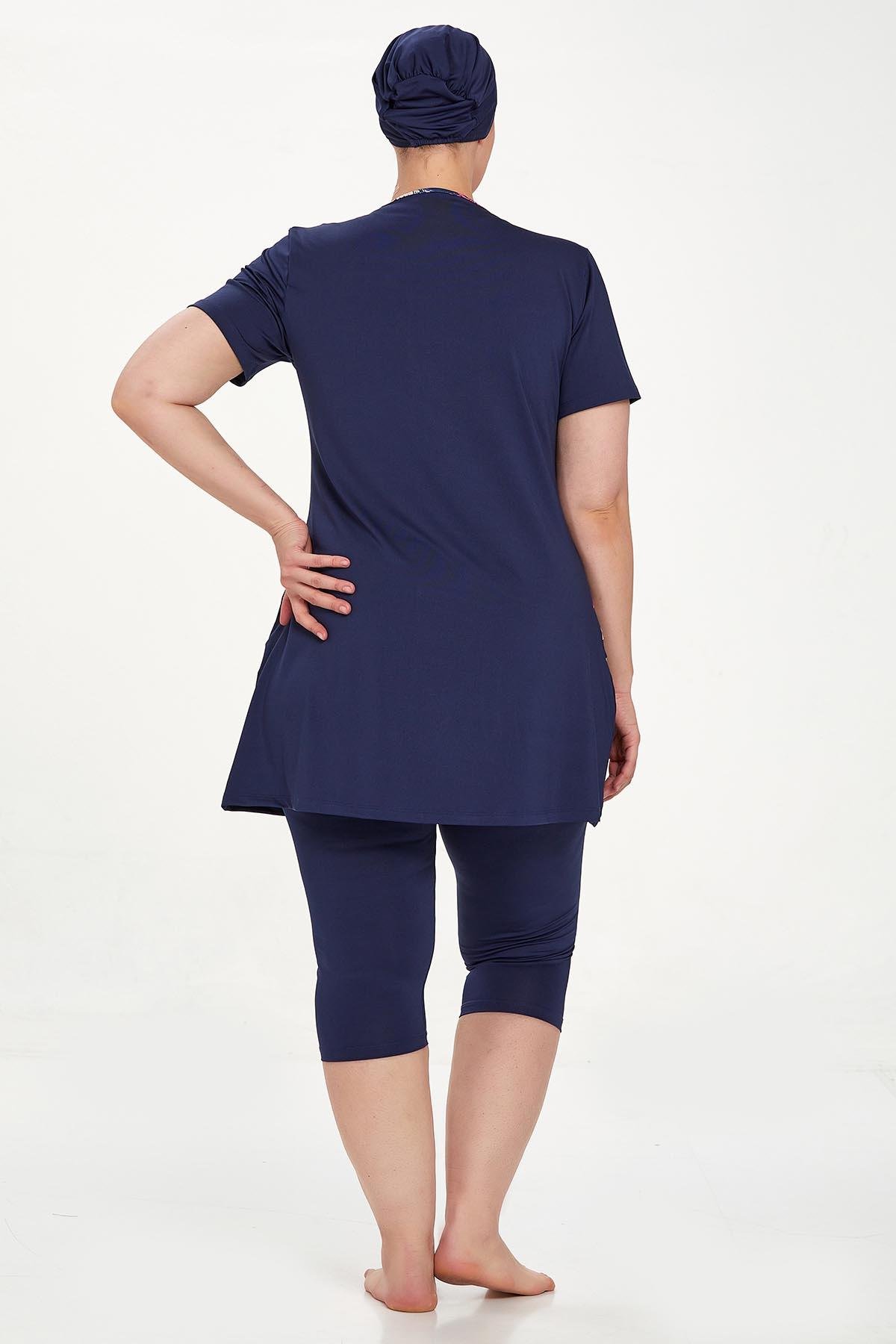 Büyük Beden Kısa Kollu Taytlı Yarı Kapalı Mayo Nala Battal 8321 Koyu Lacivert