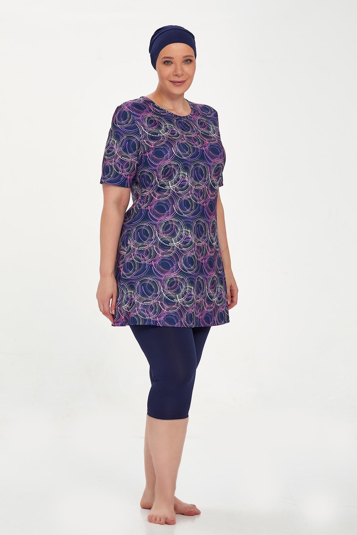 Büyük Beden Kısa Kollu Taytlı Yarı Kapalı Mayo Nelına 8320 Koyu Lacivert