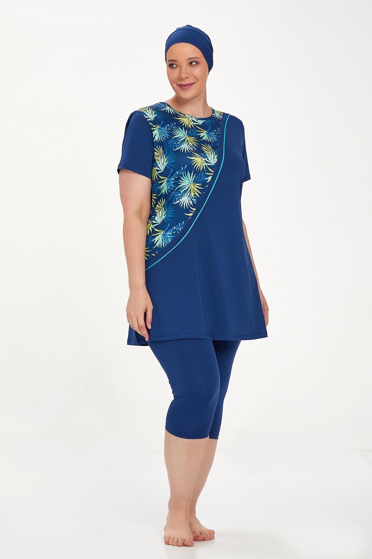 Büyük Beden Kısa Kollu Taytlı Yarı Kapalı Mayo Nala Battal 8321 Açık Lacivert