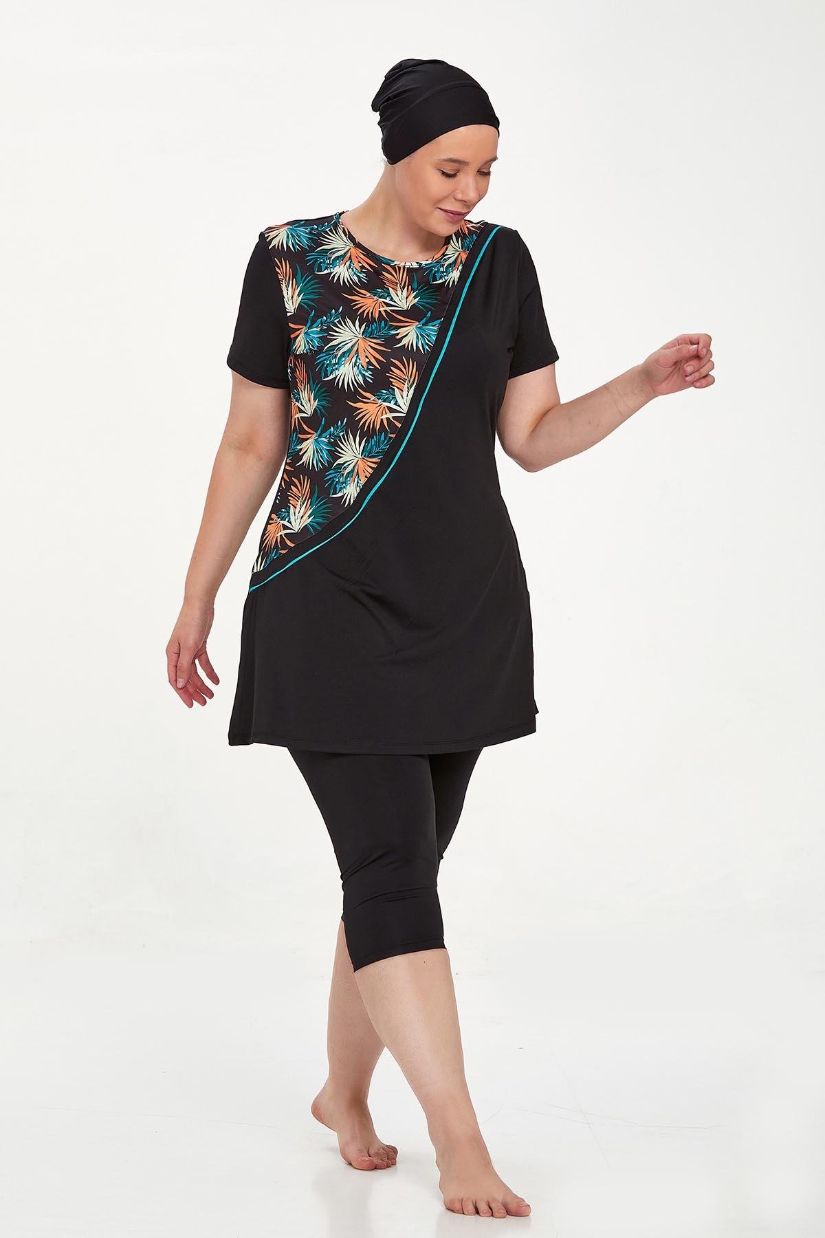 Büyük Beden Kısa Kollu Taytlı Yarı Kapalı Mayo Nala Battal 8321 Siyah