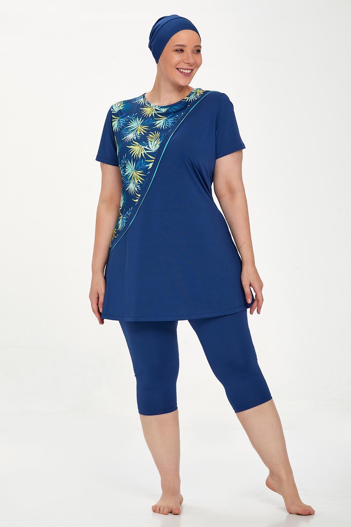 Büyük Beden Kısa Kollu Taytlı Yarı Kapalı Mayo Nala Battal 8321 Açık Lacivert