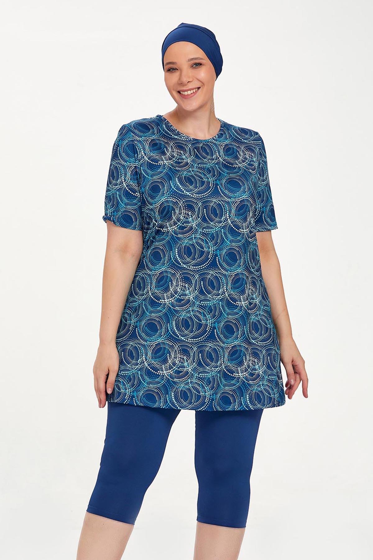 Büyük Beden Kısa Kollu Taytlı Yarı Kapalı Mayo Nelına 8320 Açık Lacivert