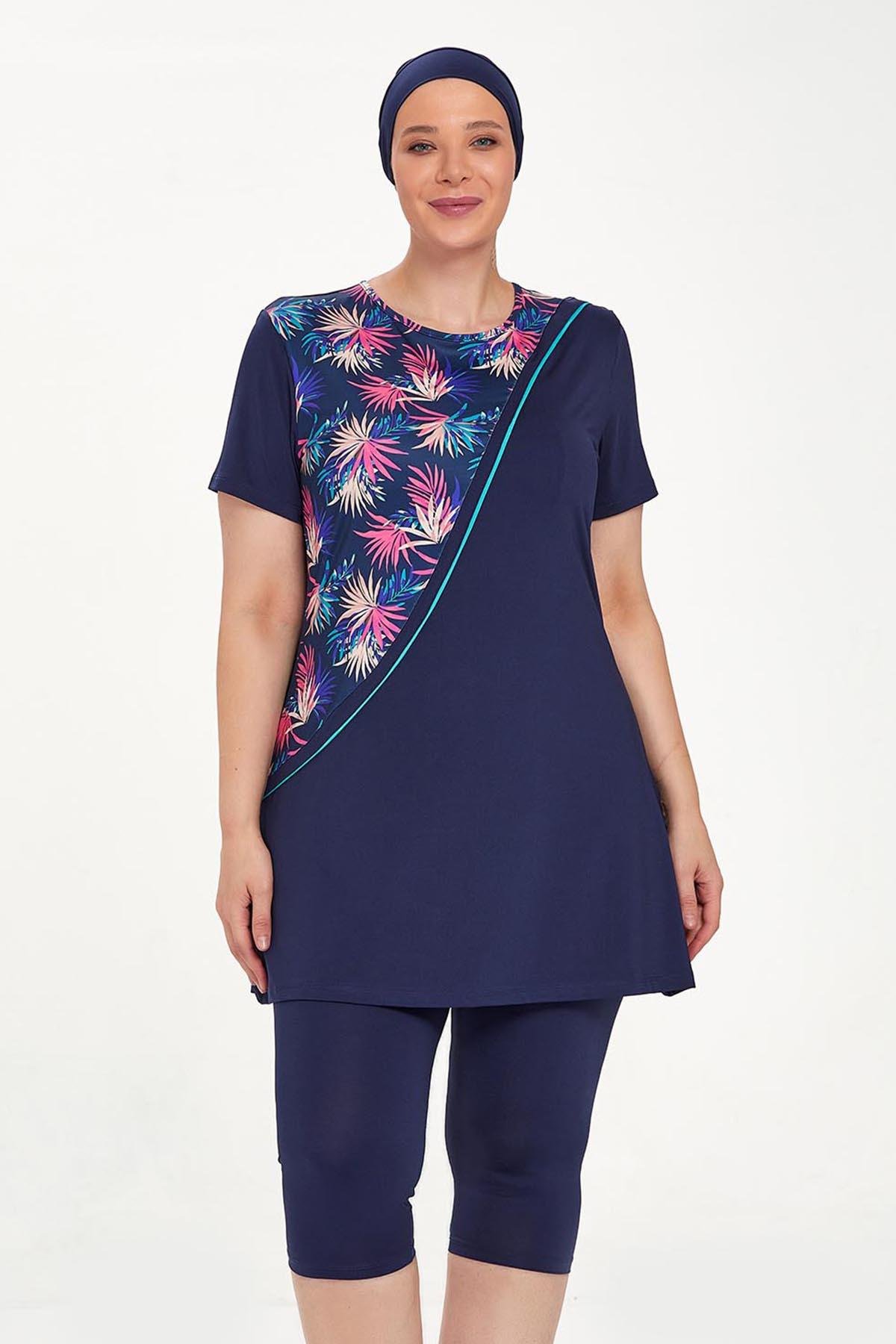 Büyük Beden Kısa Kollu Taytlı Yarı Kapalı Mayo Nala Battal 8321 Koyu Lacivert