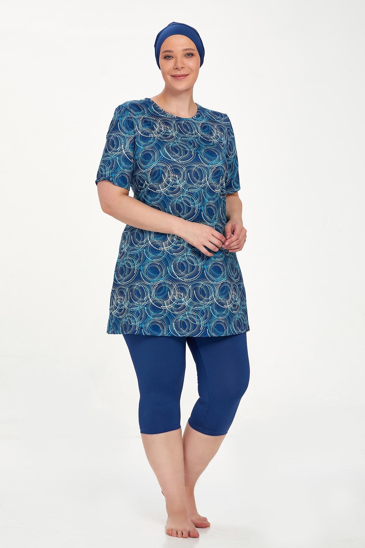 Büyük Beden Kısa Kollu Taytlı Yarı Kapalı Mayo Nelına 8320 Açık Lacivert