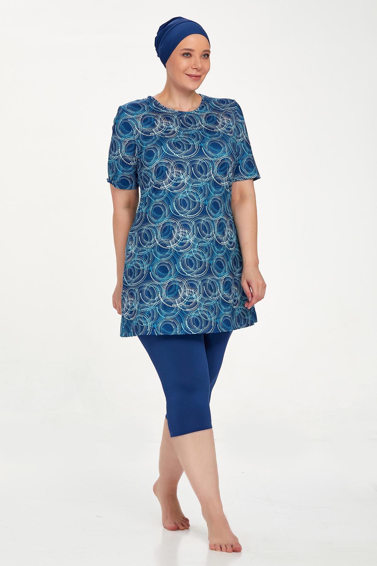 Büyük Beden Kısa Kollu Taytlı Yarı Kapalı Mayo Nelına 8320 Açık Lacivert