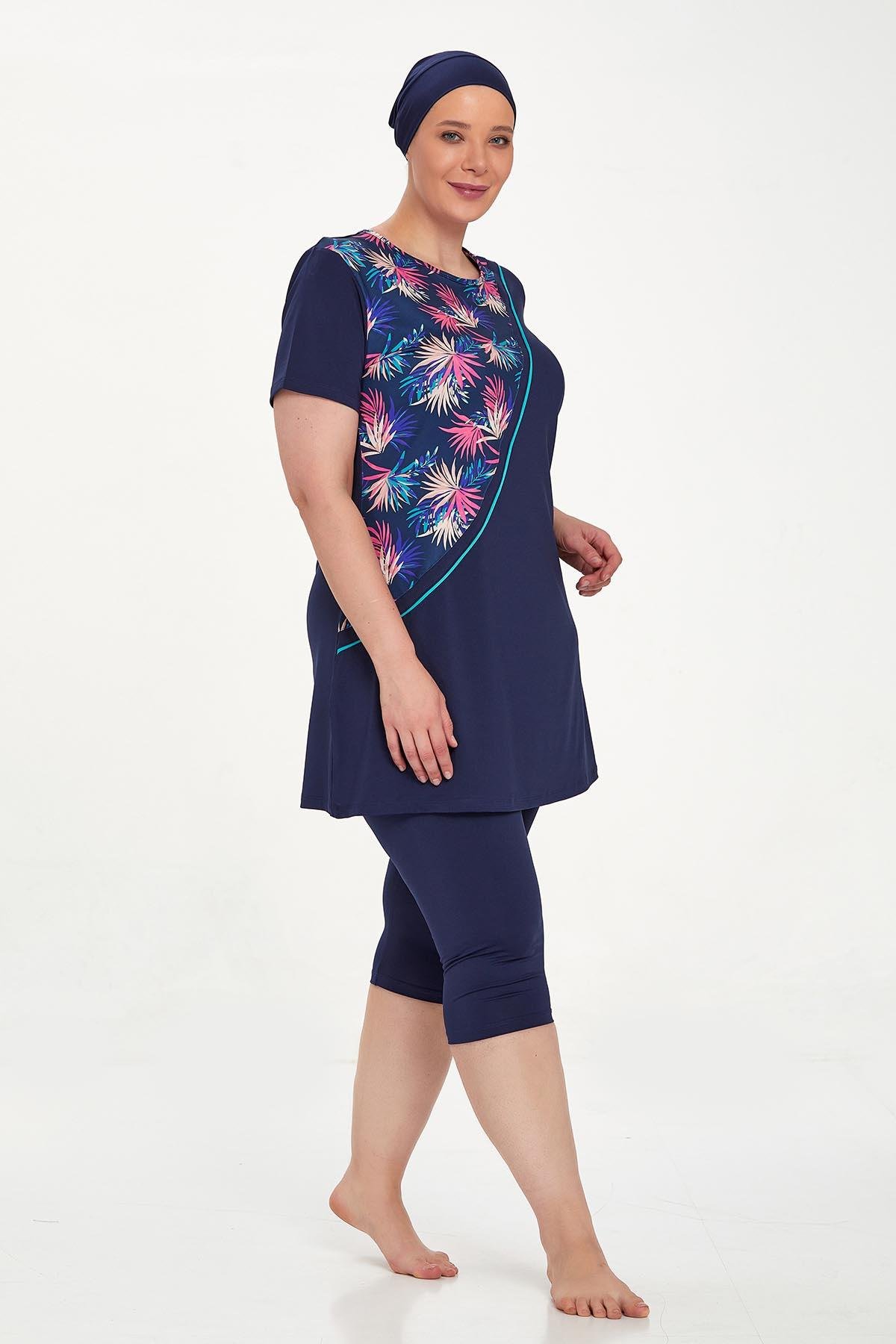 Büyük Beden Kısa Kollu Taytlı Yarı Kapalı Mayo Nala Battal 8321 Koyu Lacivert