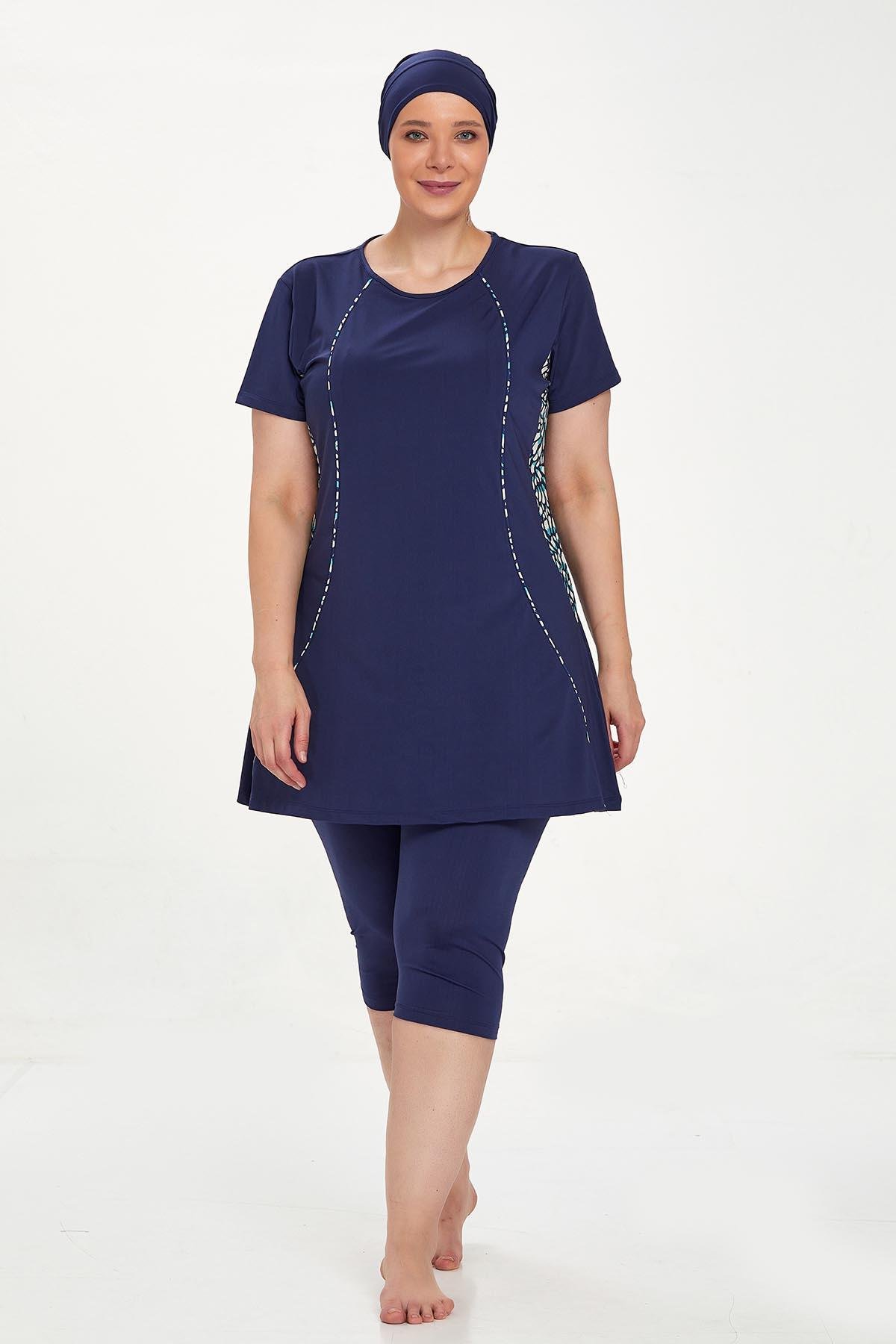 Büyük Beden Kısa Kollu Taytlı Yarı Kapalı Mayo Helga 3934 Koyu Lacivert