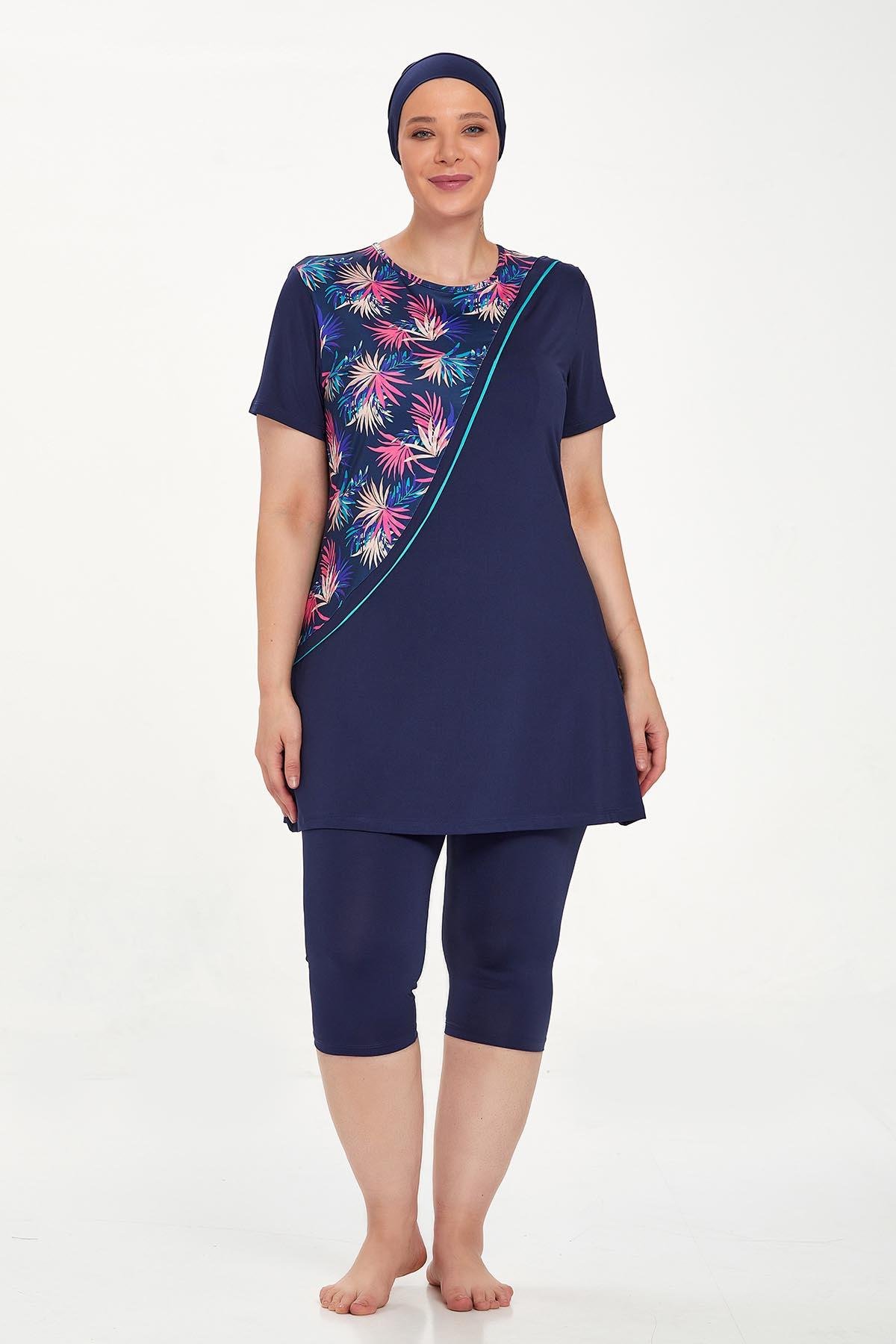 Büyük Beden Kısa Kollu Taytlı Yarı Kapalı Mayo Nala Battal 8321 Koyu Lacivert