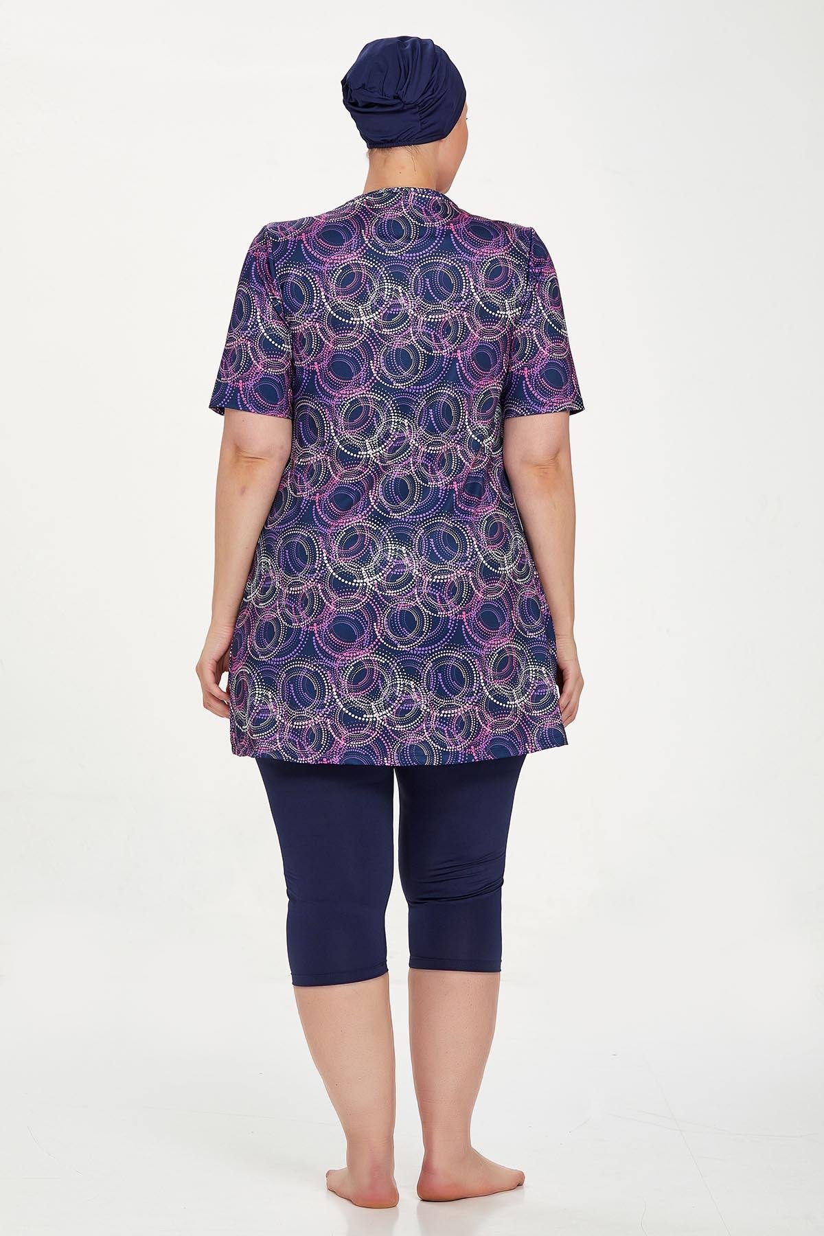 Büyük Beden Kısa Kollu Taytlı Yarı Kapalı Mayo Nelına 8320 Koyu Lacivert