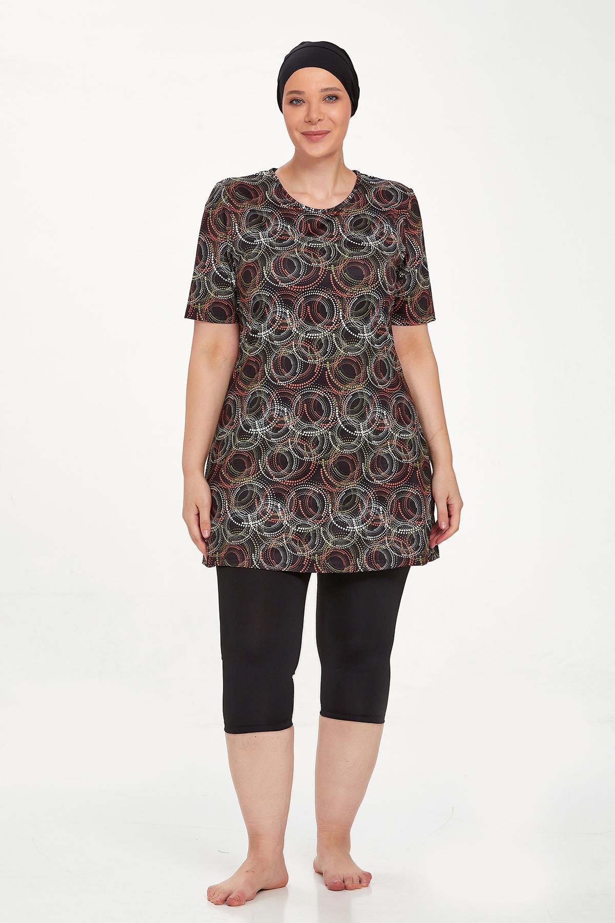 Büyük Beden Kısa Kollu Taytlı Yarı Kapalı Mayo Nelına 8320 Siyah