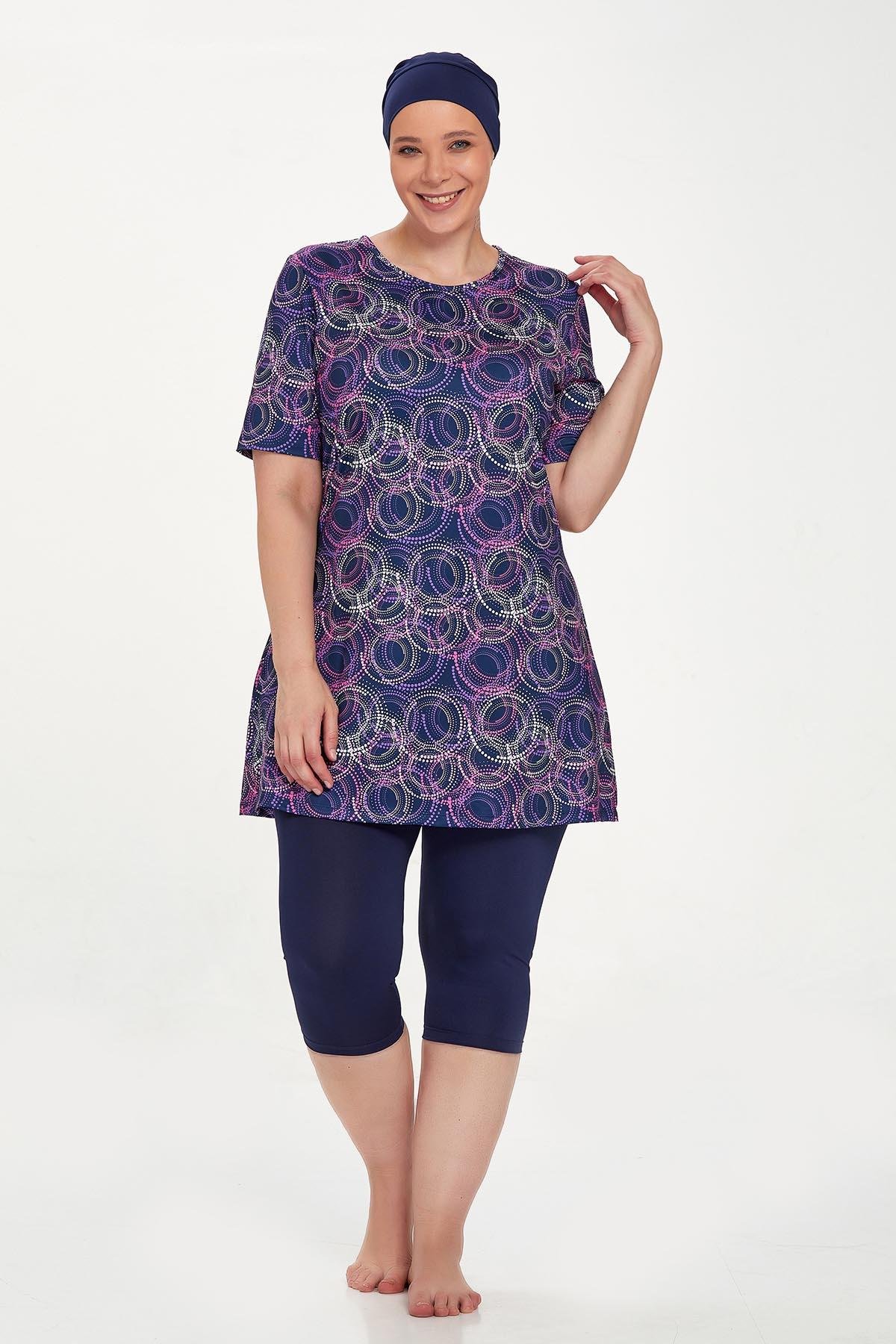 Büyük Beden Kısa Kollu Taytlı Yarı Kapalı Mayo Nelına 8320 Koyu Lacivert