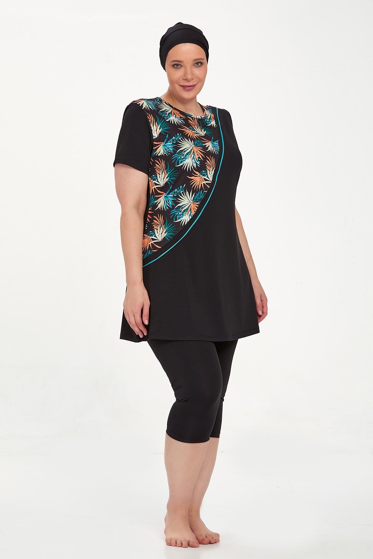 Büyük Beden Kısa Kollu Taytlı Yarı Kapalı Mayo Nala Battal 8321 Siyah