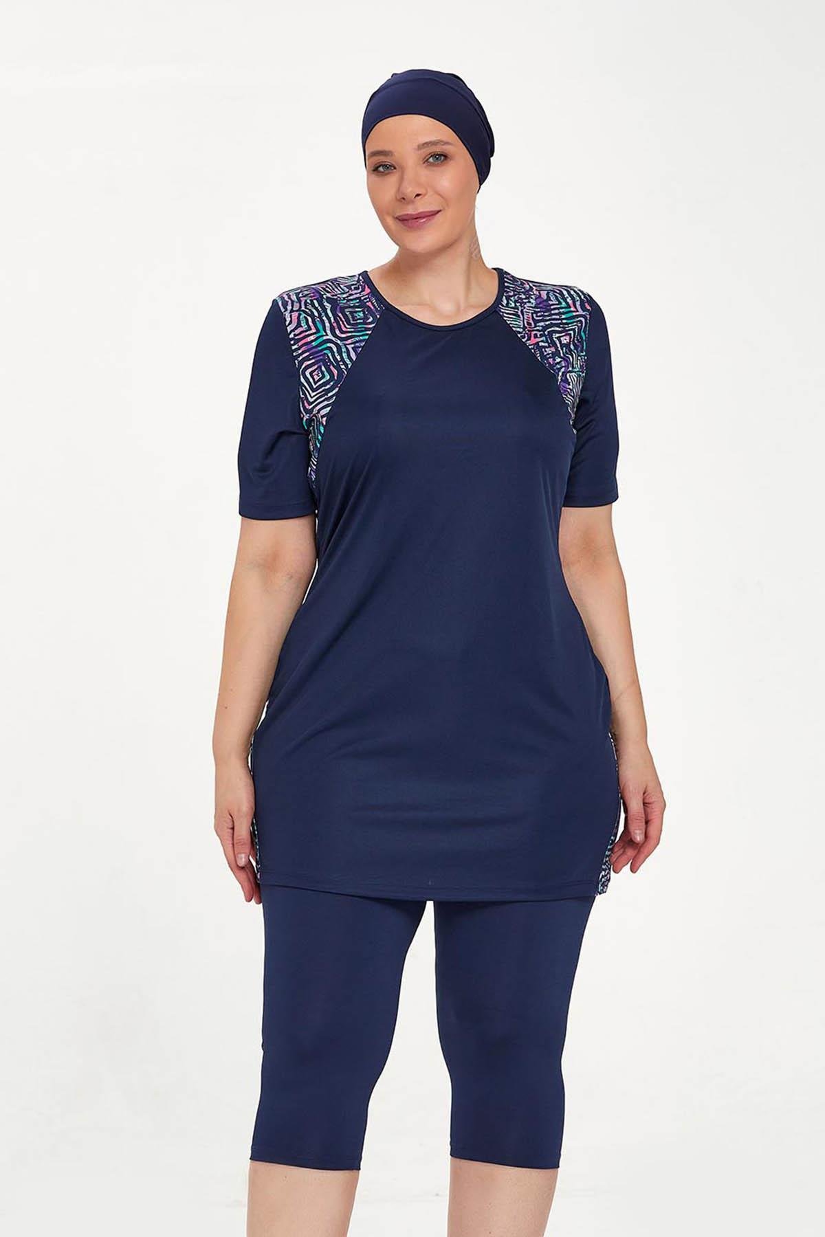 Büyük Beden Kısa Kollu Yarı Kaplı Mayo Dorıs 9316 Koyu Lacivert