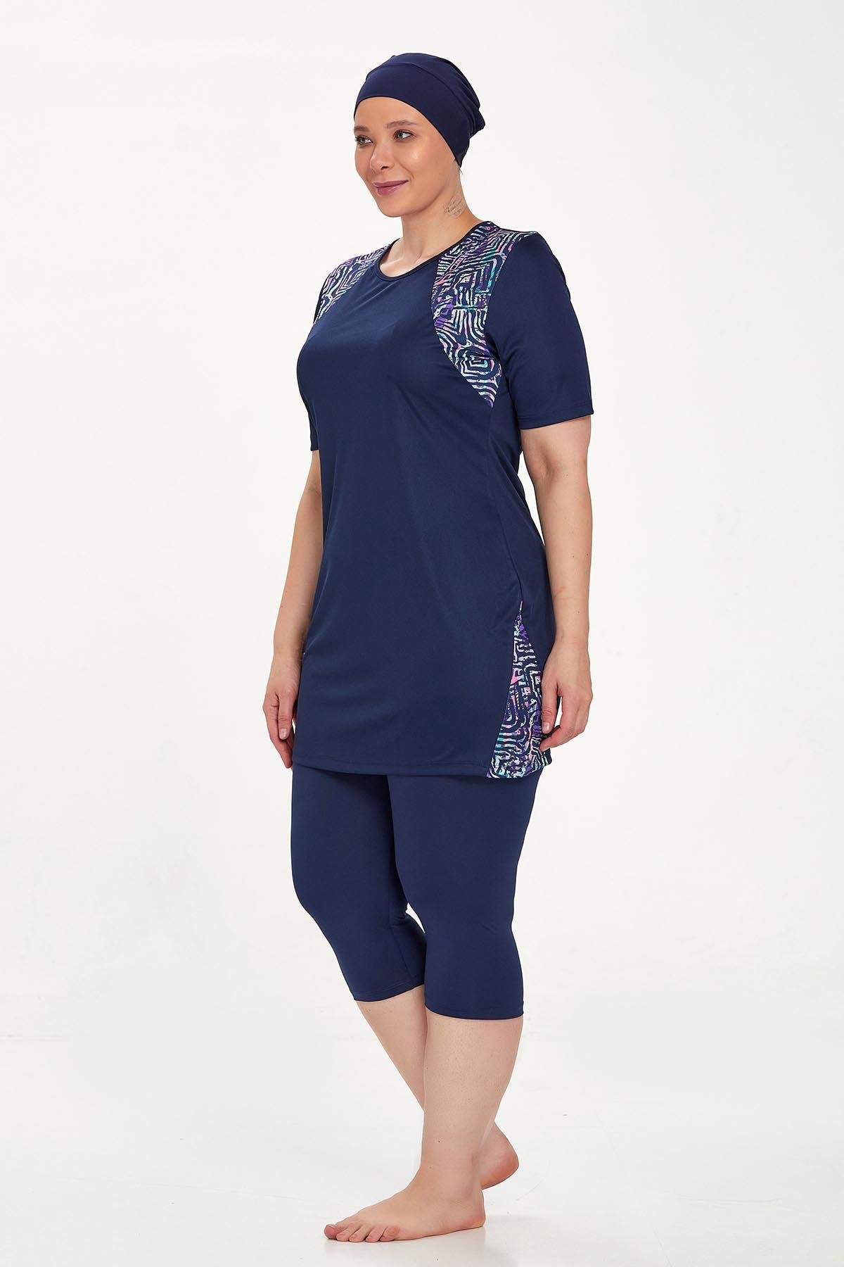 Büyük Beden Kısa Kollu Yarı Kaplı Mayo Dorıs 9316 Koyu Lacivert