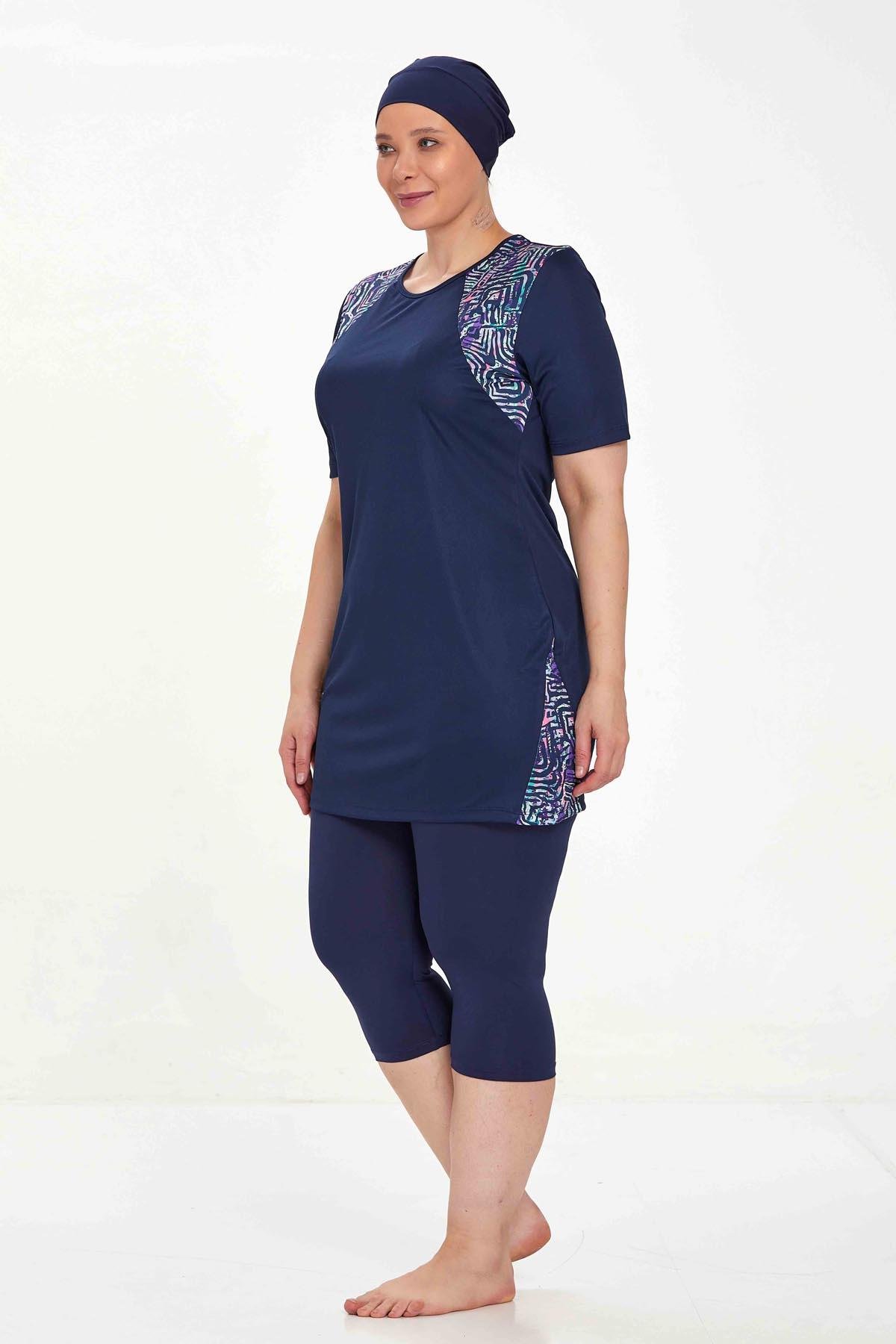 Büyük Beden Kısa Kollu Yarı Kaplı Mayo Dorıs 9316 Koyu Lacivert