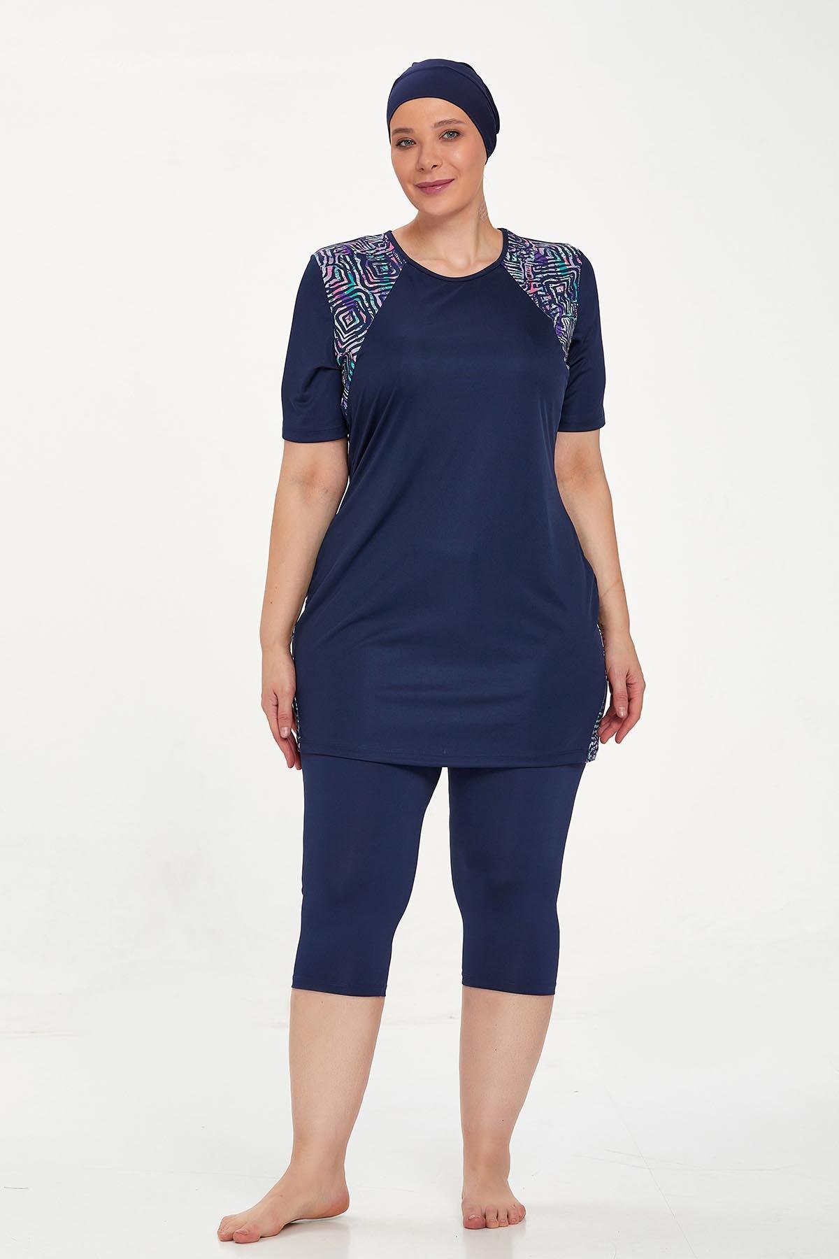 Büyük Beden Kısa Kollu Yarı Kaplı Mayo Dorıs 9316 Koyu Lacivert