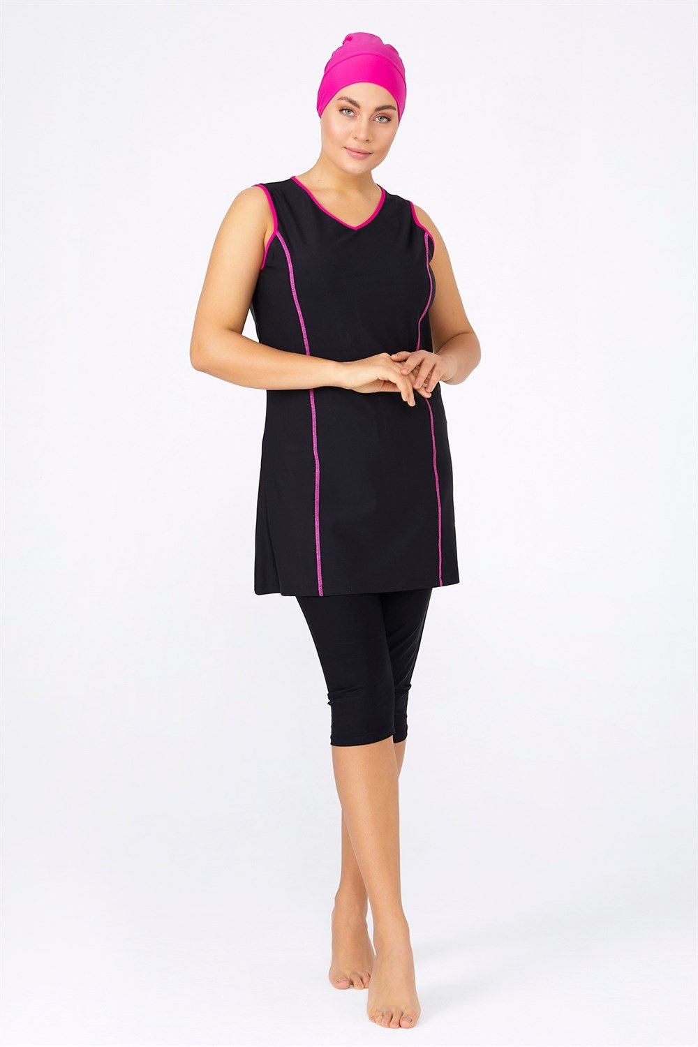 Büyük Beden Likralı Kolsuz Yarı Kapalı Tesettür Mayo 0597 Siyah