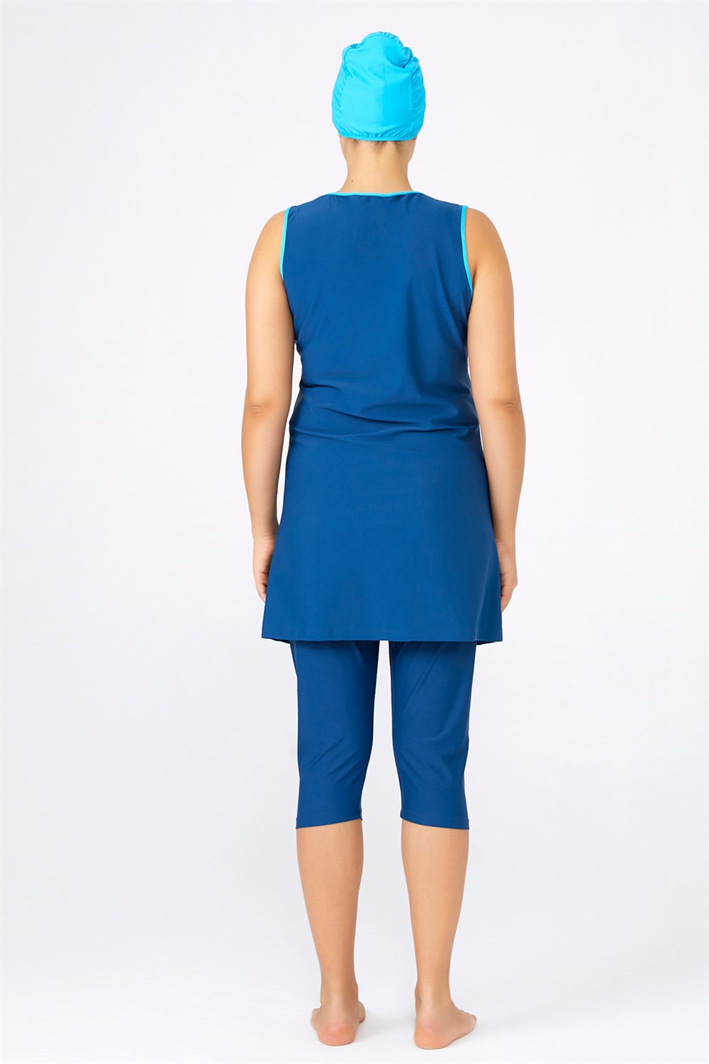 Büyük Beden Likralı Kolsuz Yarı Kapalı Tesettür Mayo 0597 Açık Lacivert