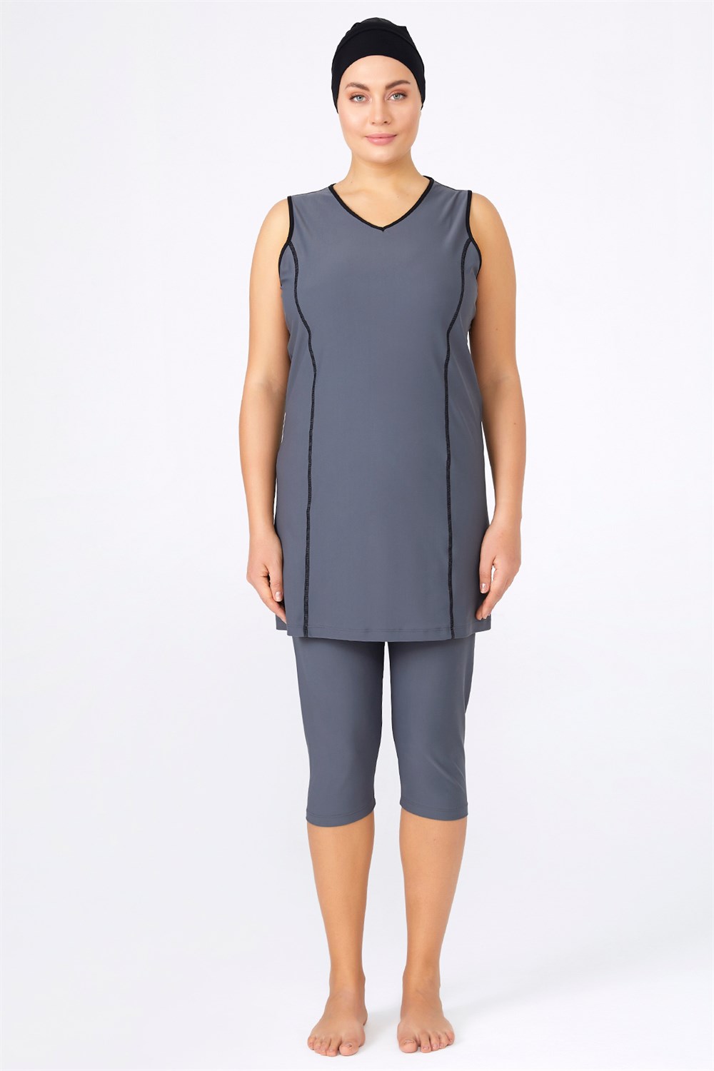 Büyük Beden Likralı Kolsuz Yarı Kapalı Tesettür Mayo 0597 Antrasit