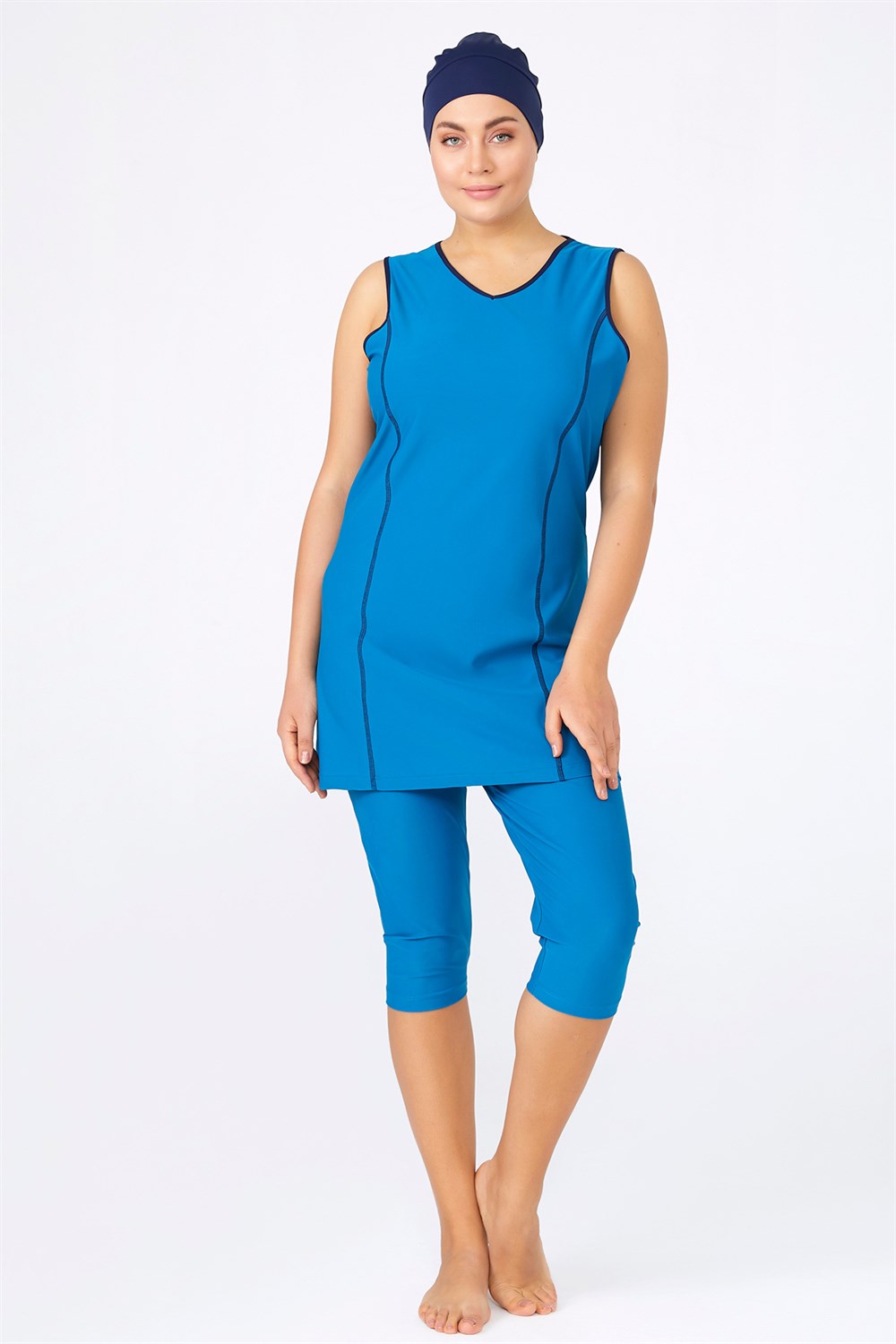 Büyük Beden Likralı Kolsuz Yarı Kapalı Tesettür Mayo 0597 Petrol