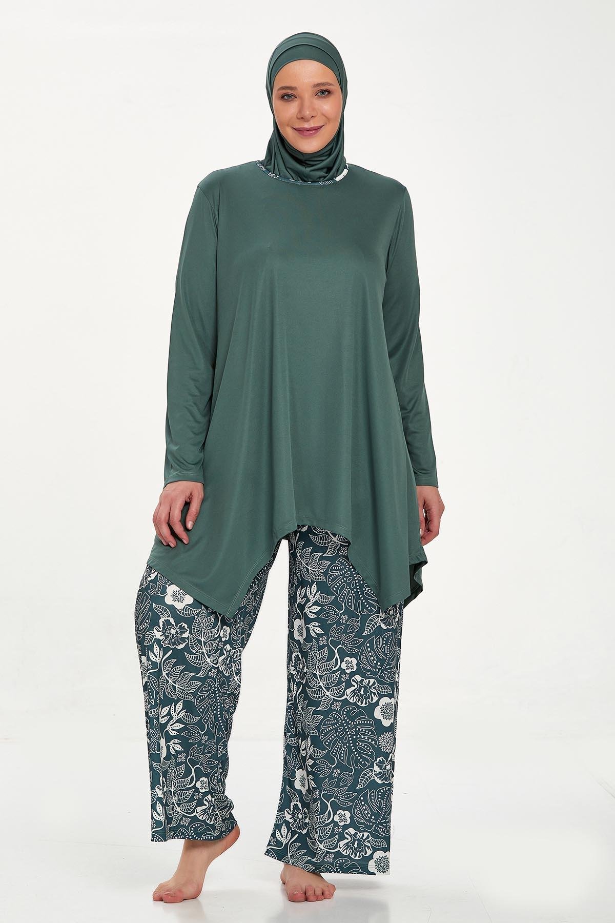 Büyük Beden Likralı Tam Kapalı Tesettür Mayo Bol Paça Rozamay Dorothy 9242 Haki