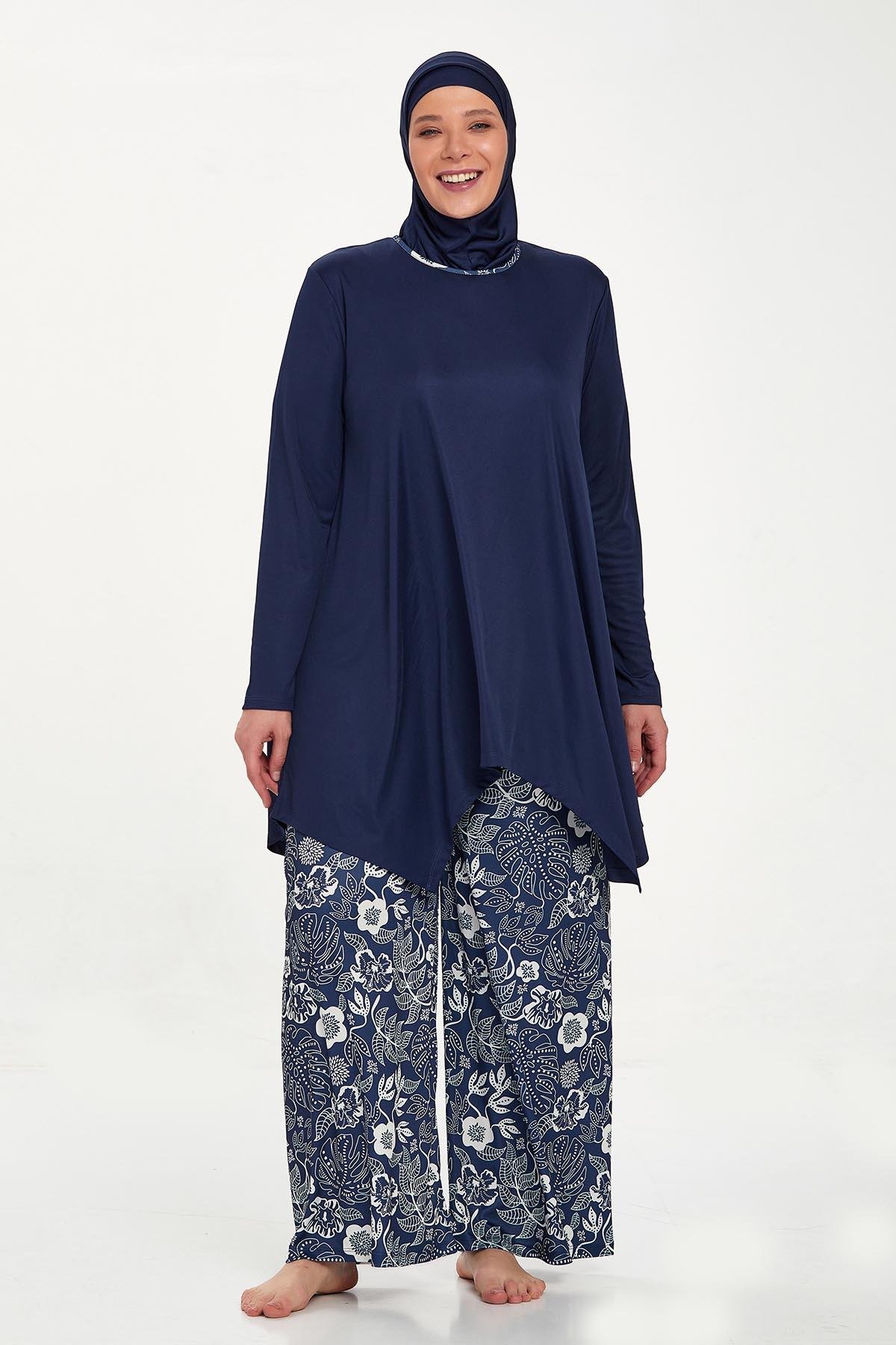 Büyük Beden Likralı Tam Kapalı Tesettür Mayo Bol Paça Rozamay Dorothy 9242 Koyu Lacivert