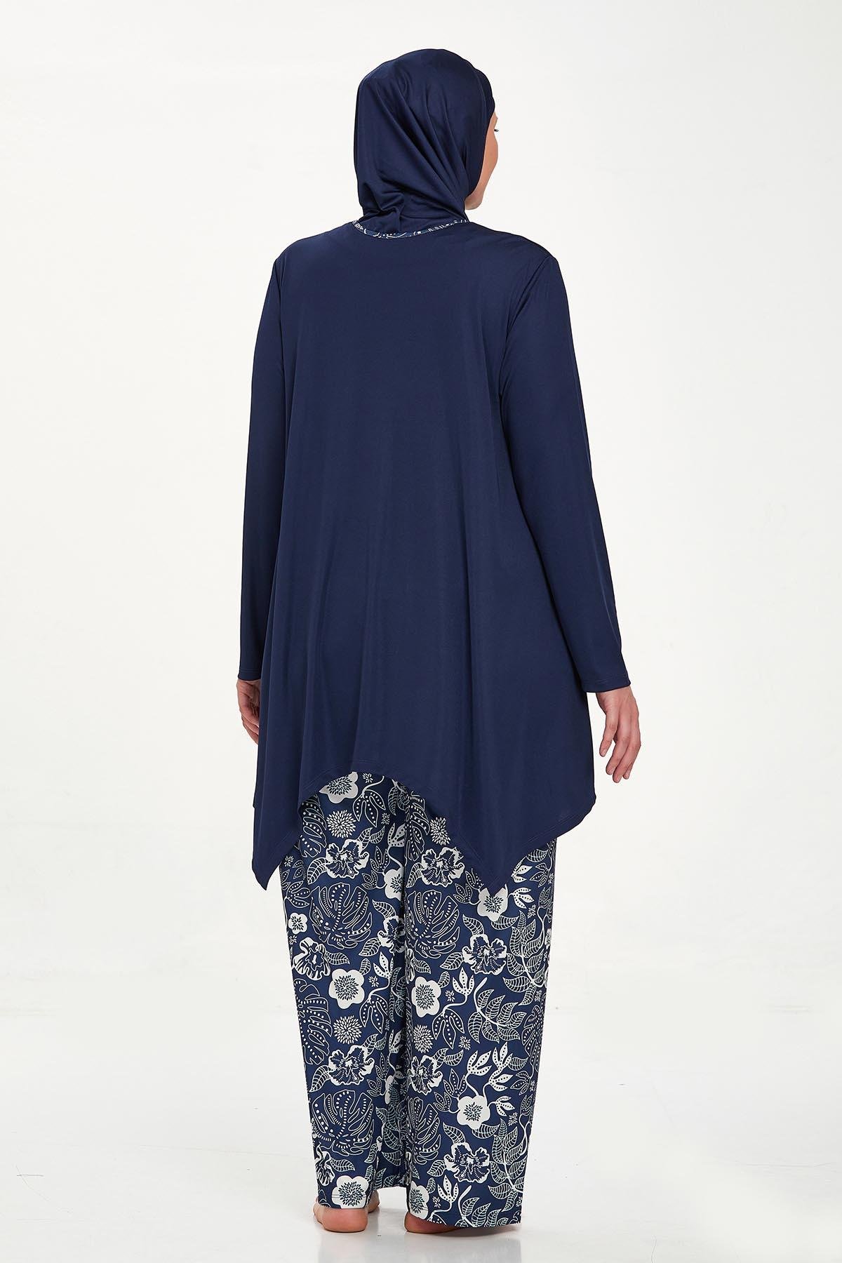 Büyük Beden Likralı Tam Kapalı Tesettür Mayo Bol Paça Rozamay Dorothy 9242 Koyu Lacivert