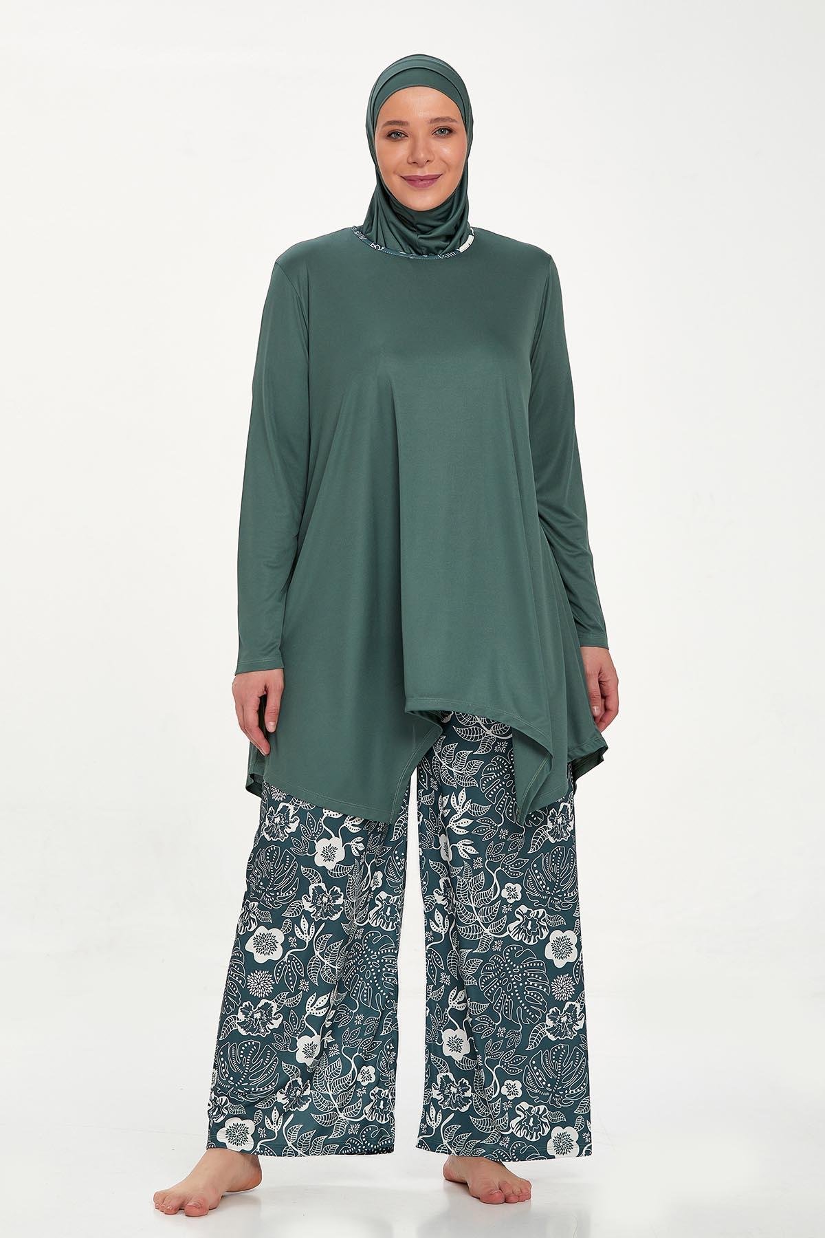 Büyük Beden Likralı Tam Kapalı Tesettür Mayo Bol Paça Rozamay Dorothy 9242 Haki