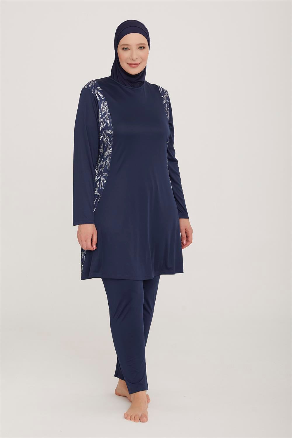 Büyük Beden Likralı Tam Kapalı Tesettür Mayo Yax  9102 Koyu Lacivert Remsa Mayo